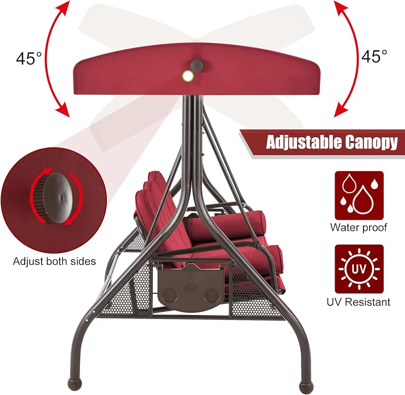 GYUTEI 3-Seat Porch Swing with Adjustable Canopy, Patio Swing with Stand image 3