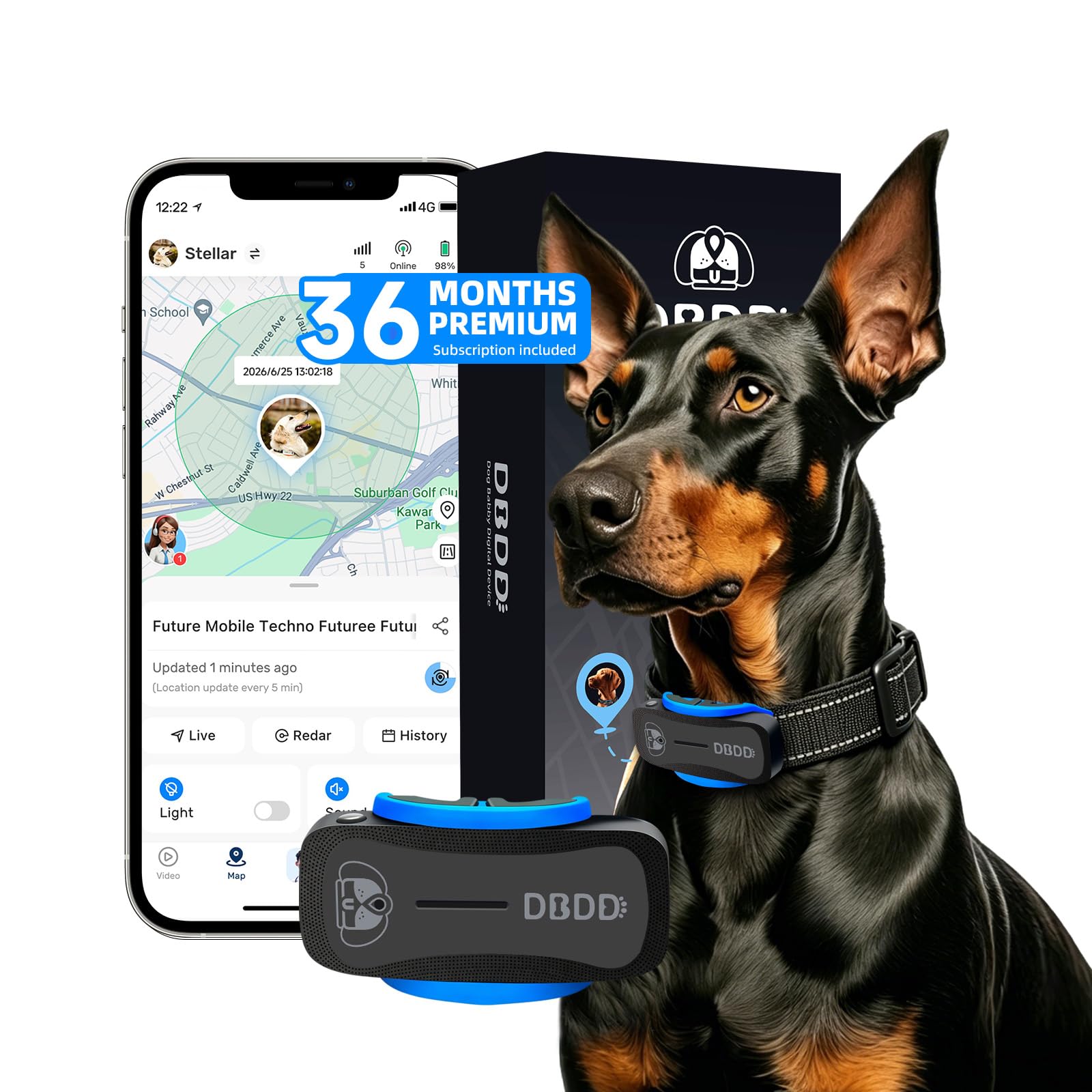 DBDD GPS Tracker for Dogs with 36 Month Subscription, Real-Time Location, Electronic Fence, Health Monitoring, Waterproof, for Medium Large Dogs, iOS Android