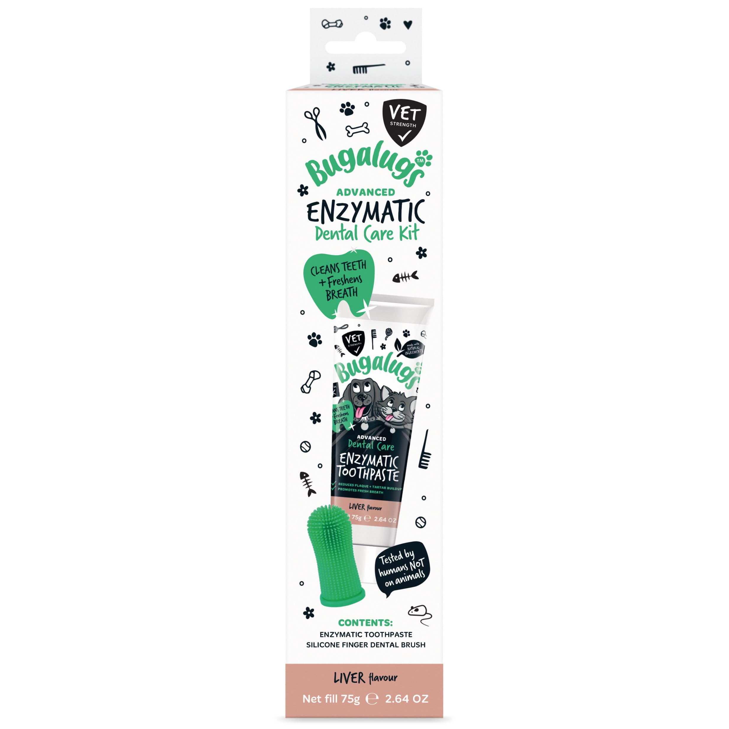 Bugalugs Dental Care Kit for Dogs & Cats Toothpaste Gel (75g) & 1 x Triple Headed Toothbrush for Dogs, Puppy, Cat & Kitten Essentials, Breath Freshener, Plaque & Tartar Remover, Cleaning Treatment