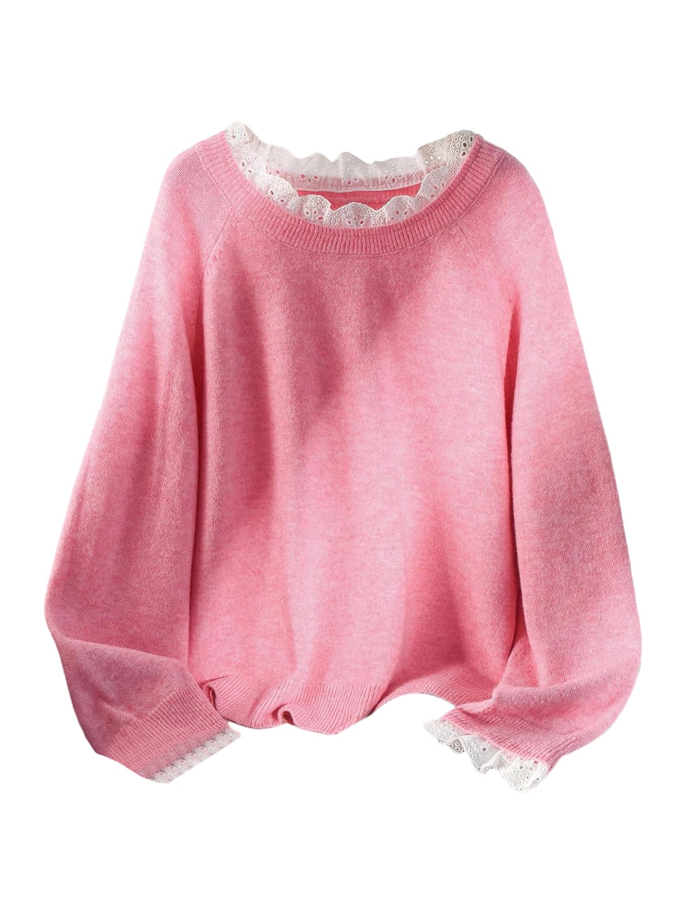 GORGLITTER Womens Plus Size Sweater Tops Fall Trendy Cozy Lace Crew Neck Long Sleeve Oversized Knit Pullover Tops
