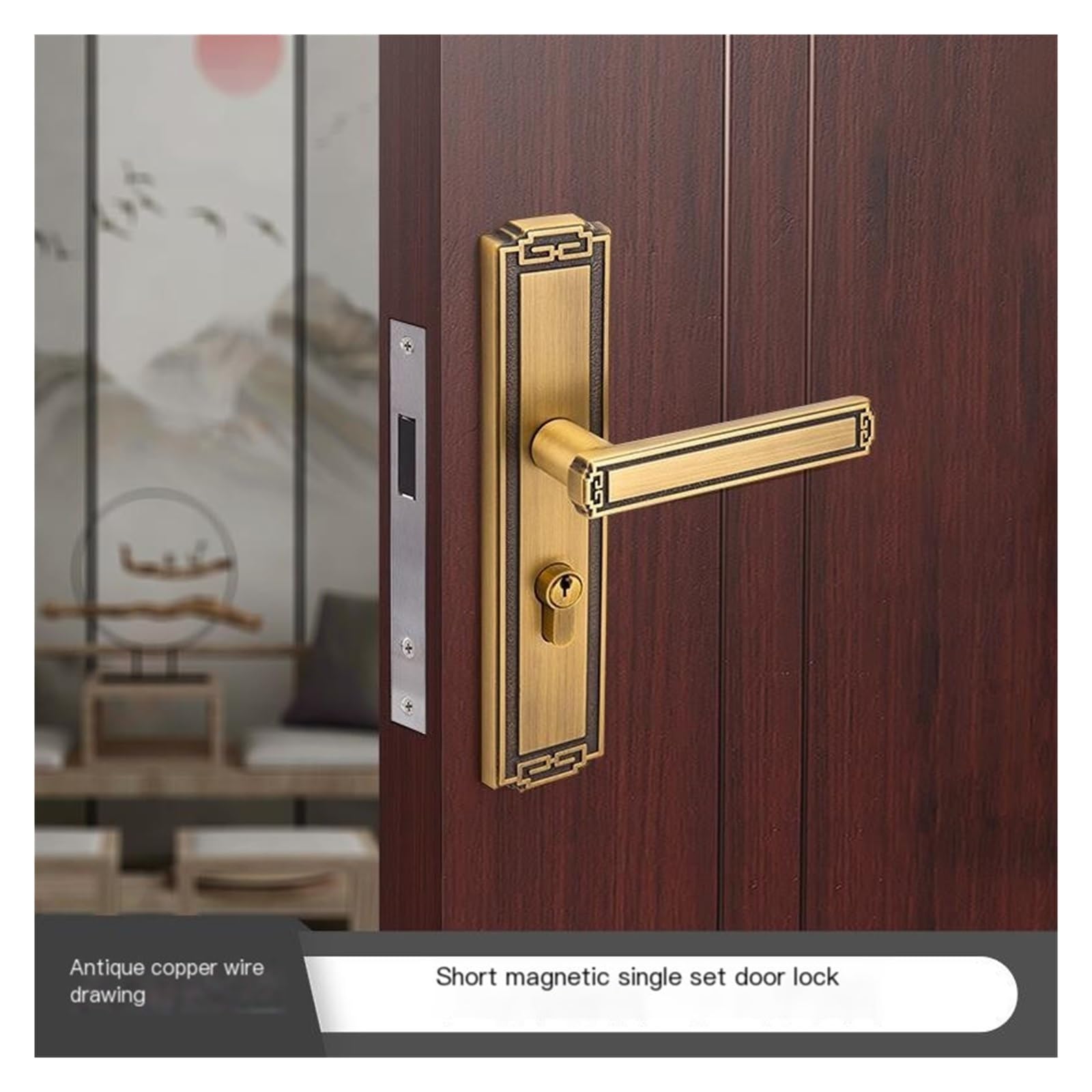 Magnetisches Türschloss aus reinem Kupfer im chinesischen Stil for den Innenbereich, einteiliger Türgriff for den Haushalt, unabhängig von linken und rechten Schlössern(Brass)