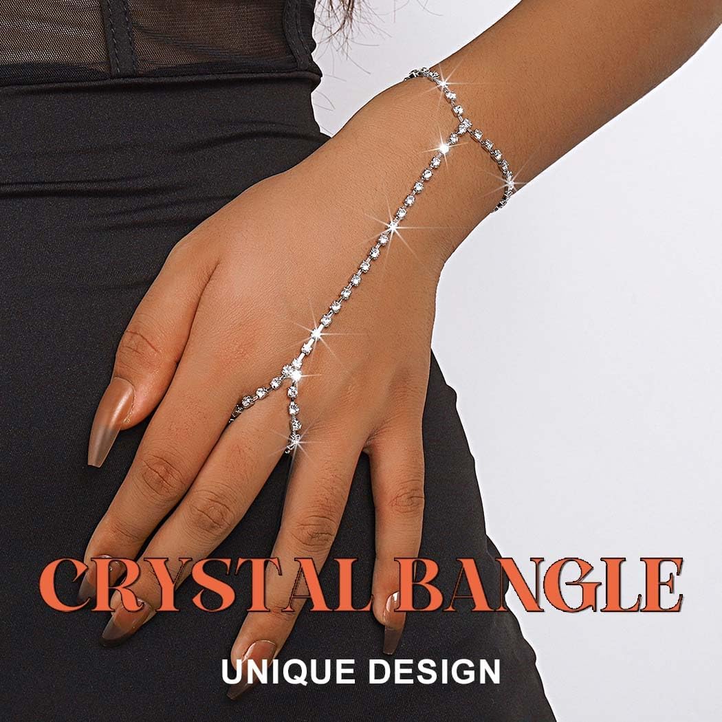ACEDRE Rhinestone Ring Chain Bracelet Silver Sparkly Finger Hand Jewelry for Women - Image 5