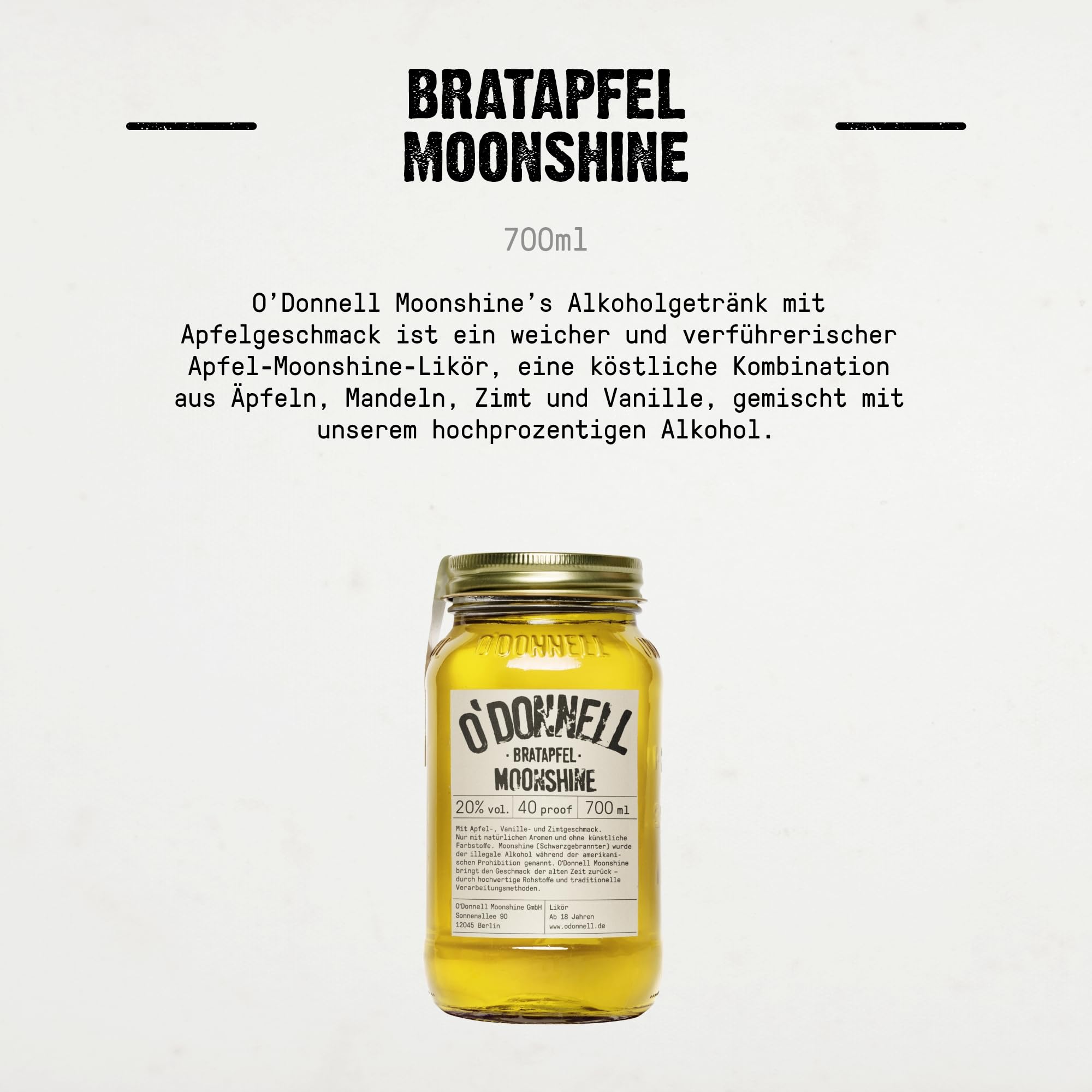 O’Donnell Moonshine Bratapfel Likör (700ml) + Ausgießer – Apfellikör mit Mandel, Zimt & Vanille (fruchtig-frisch) ohne künstliche Aromen – 20% Alkohol im Original Mason Jar – Made in Berlin