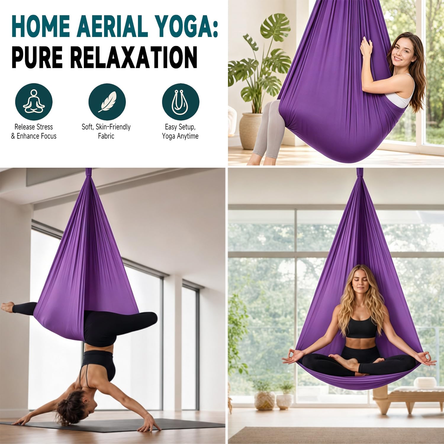 Aerial Yogatuch 280x150cm Yoga-Set für Erwachsene, Yoga Hängematte zum Aufhängen Aerial Yogas Set für drinnen und draußen 200 kg Belastung,inkl. Kompletter Installationshardware für Fitness（Lila)