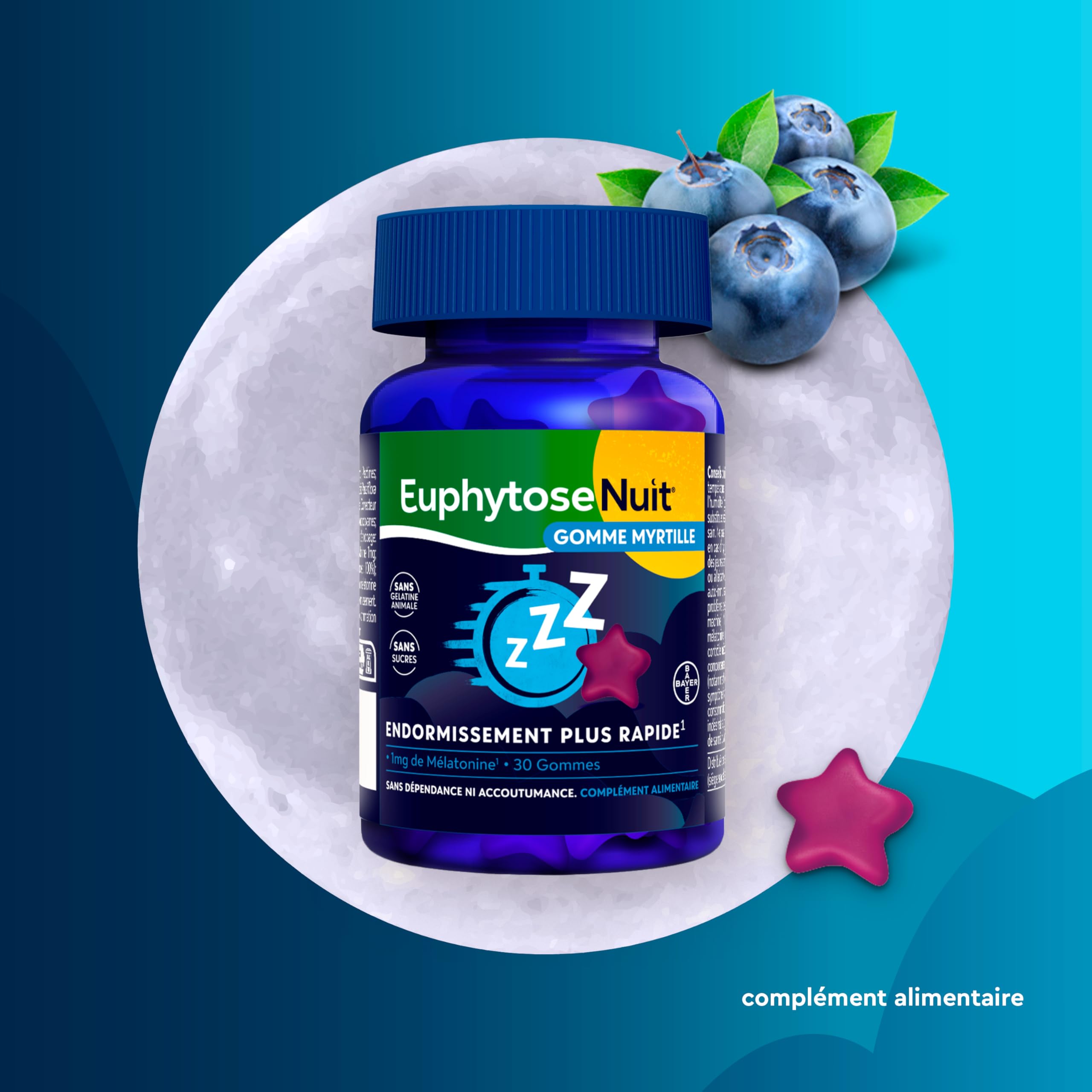 Gummies Sommeil Myrtille, 1 mg Melatonine, complément alimentaire, Vitamine B6, Endormissement plus rapide* - 2x30 Gommes - Sans Sucres - Goût Myrtille - EuphytoseNuit®