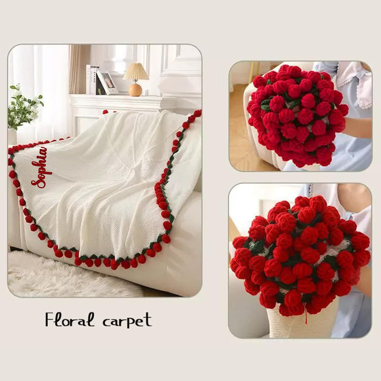 Custom Crochet Rose Bouquet Blanket - Embroidered Name, Cotton Throw, Personalized Gift for Women Mother's Day Birthday Wedding, Anniversary - Image 3