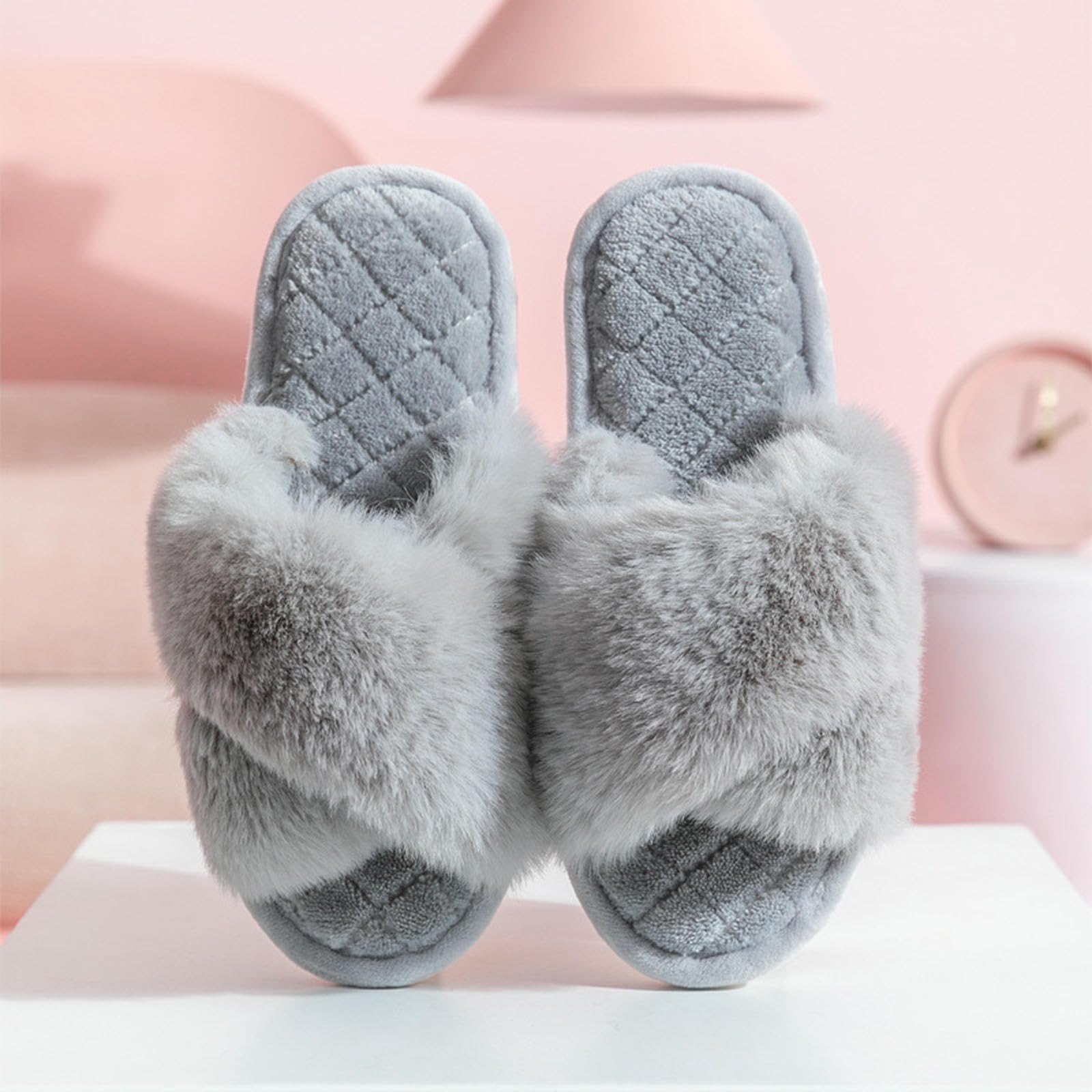 Pantofole Donna Morbide da Casa con Cinturino Incrociato E Punta Aperta, Camera in Pile Antiscivolo-bianco-40-41