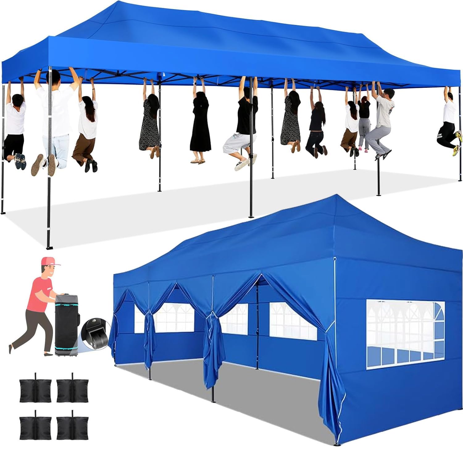 COBIZI Pop up Canopy Tent 10x30 Heavy Duty Gazebo with 8 Sidewalls, UPF 50+ All Weather Waterproof Commercial Outdoor Wedding Party Tents Canopy with Roller Bag,Blue
