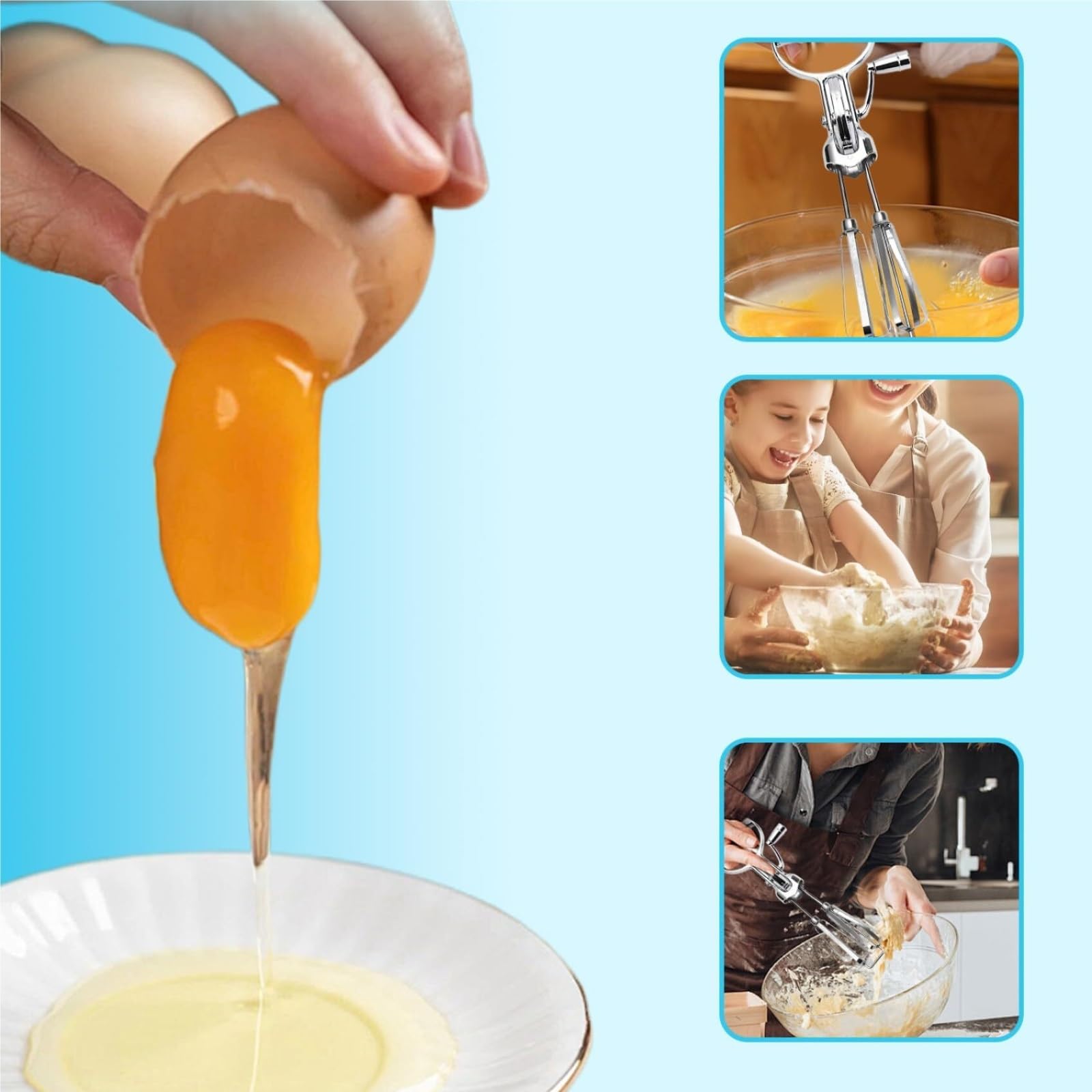 Varillas de Batir para Cocinar Batidor De Huevos Manual, Batidor De Huevos Giratorio De Doble Cabezal, Herramientas For Hornear De Acero Inoxidable Que Ahorran Trabajo En La Cocina Del Hogar Huevos, E
