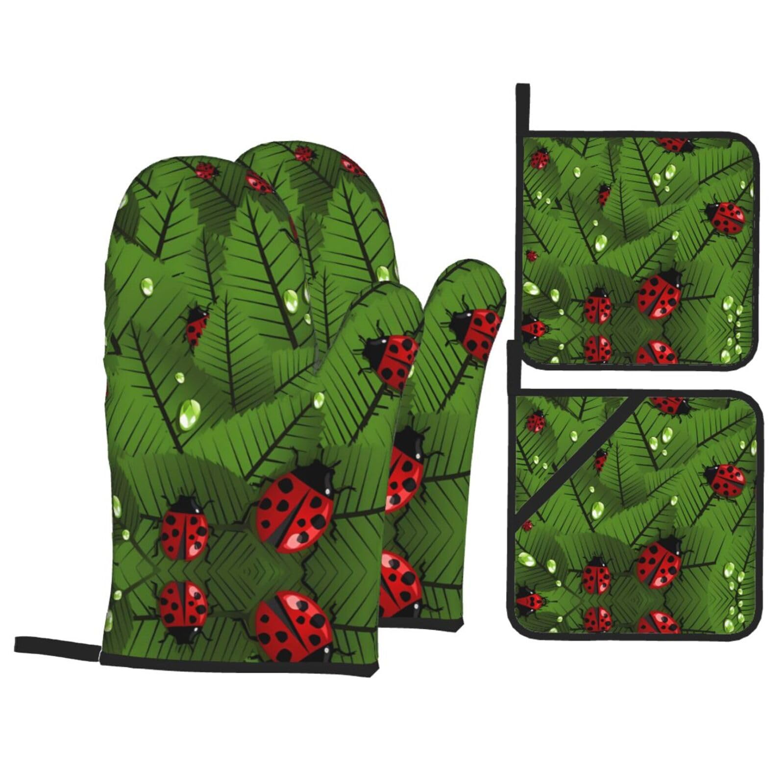 WHJSHOP Leaves and Ladybugs Prints Kitchen Layers: Waterproof Oven Covers for Safe Handling & Easy Cleanup – 4 Piece Heat Protection Bundle