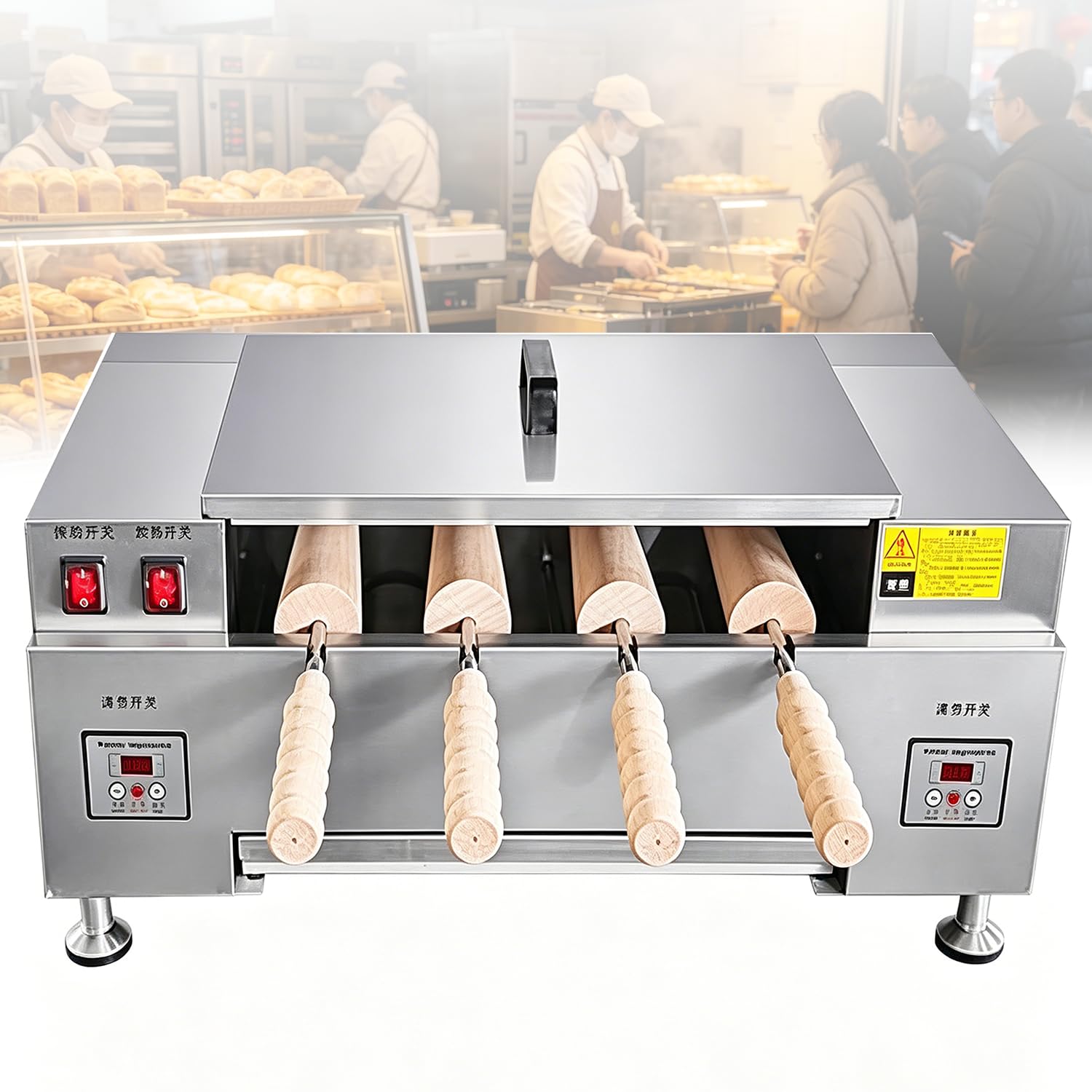 Azcabjie Chimney Bread Roll Baking Machine, 4 Rollers Electric Ice Cream Cone Oven, High Power 3000W Multifunctional Waffle Toast Making Equipment Digitaldisplay