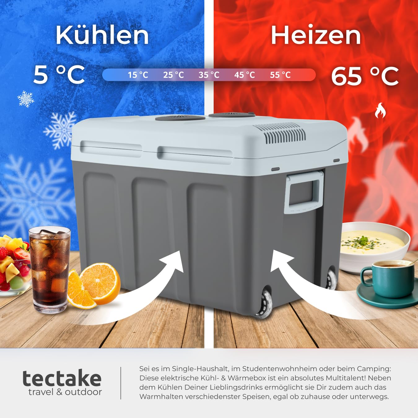 tectake® elektrische Kühlbox groß 40 L, Kühl- und Warmhaltefunktion, leise Kühltasche elektrisch, für Auto oder Steckdose, mini Kühlschrank für Camping, Getränke, Thermobox mit Strom, ECO Mode