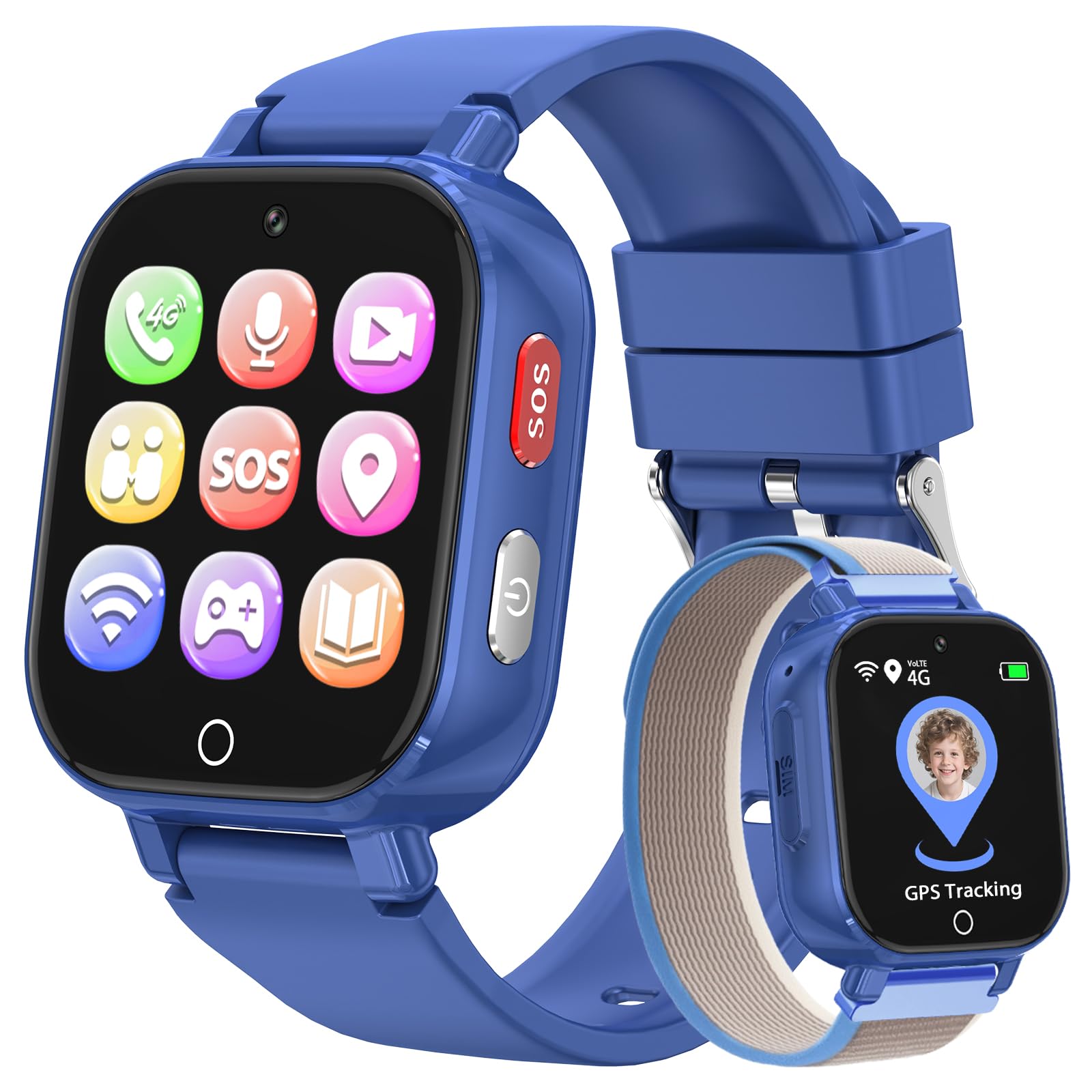 PTHTECHUS 4G Reloj Inteligente Niño con Videollamada, GPS, SOS, Chat de Voz, IP68 Impermeable, Modo Escuela, Podómetro, Despertador, Reloj Infantil Regalo para Niños Niñas de 4 a 12 Años (Azul-8A)