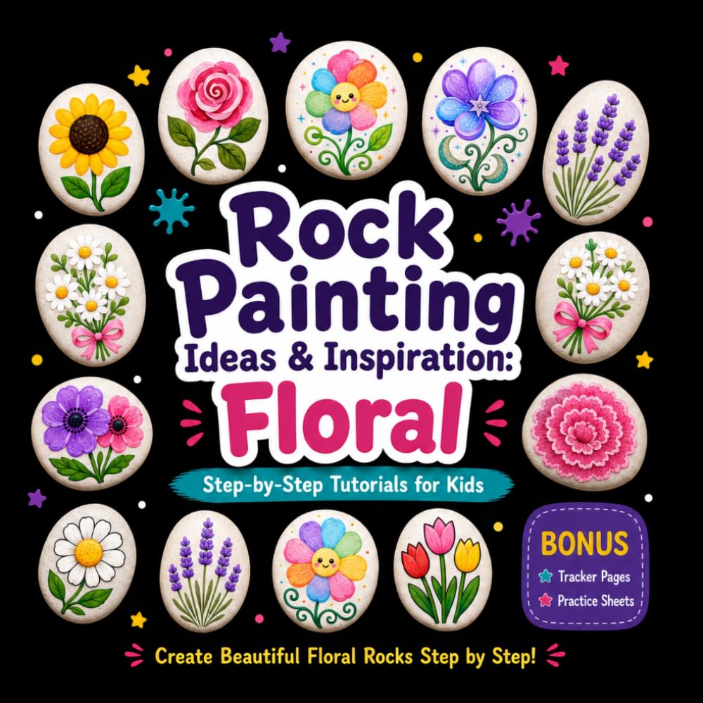 Rock Painting Ideas and Inspiration - Floral: Step-by-Step Tutorial for Kids with Tracker and Practice Areas