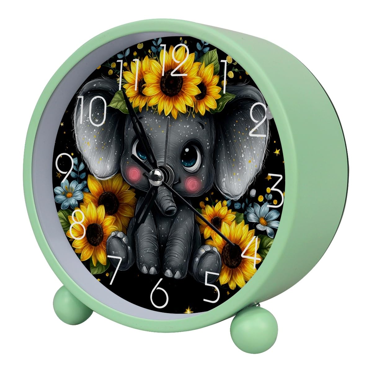 Luoweisi Analog Alarm Clock Elephant Sunflower, Silent Non-Ticking with Night Light, Battery Operated, Round Desk Alarm Clock for Office, Bedroom, Elderly, Adults, Children, Student Gifts