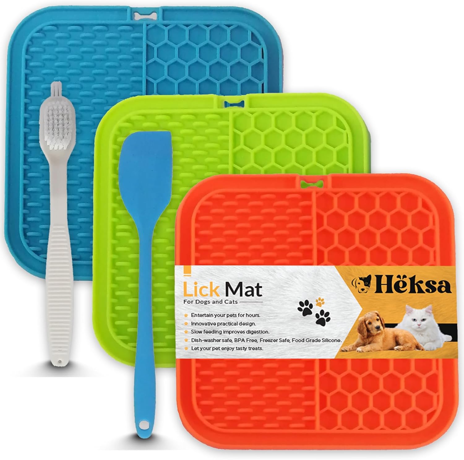 Heksa 3 Pcs Lick Mat for Canines & Cats, Nervousness Aid & Boredom Reducer with Suction Cups, Spatula & Brush
