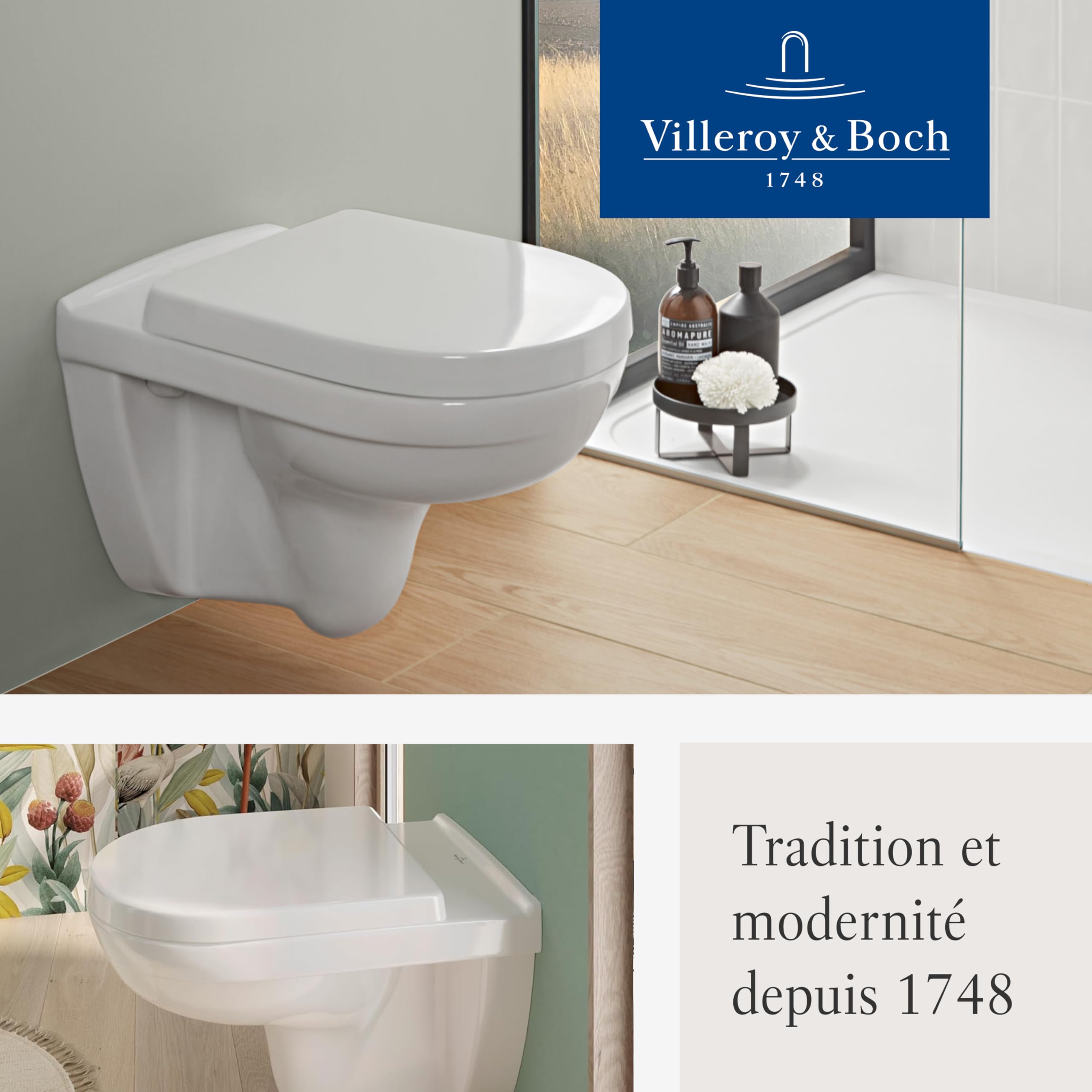 Villeroy & Boch Siège de WC O.novo avec fermeture automatique - Abattant D en plastique thermodurcissable, amovible e incassable - Pièce d’origine - blanc alpin brillant
