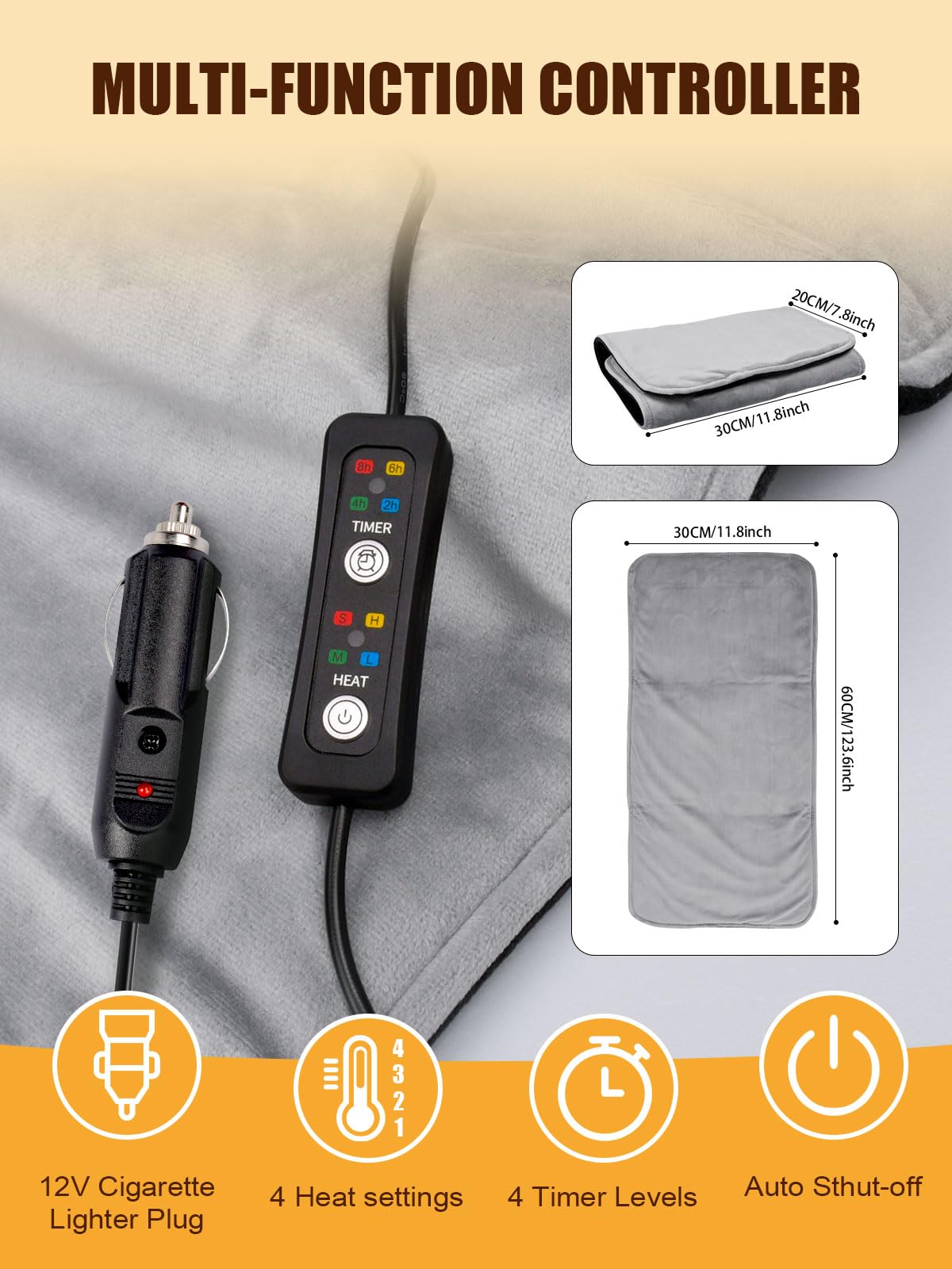 Manta Calefactora de Coche 12v Con 4 Configuraciones de Calor 4 Temporizadores Manta EléCtrica PortáTil Mini 31x61cm Para Aliviar El Dolor de Espalda Cuello Hombros Abdomen Para Coche SUV MPV