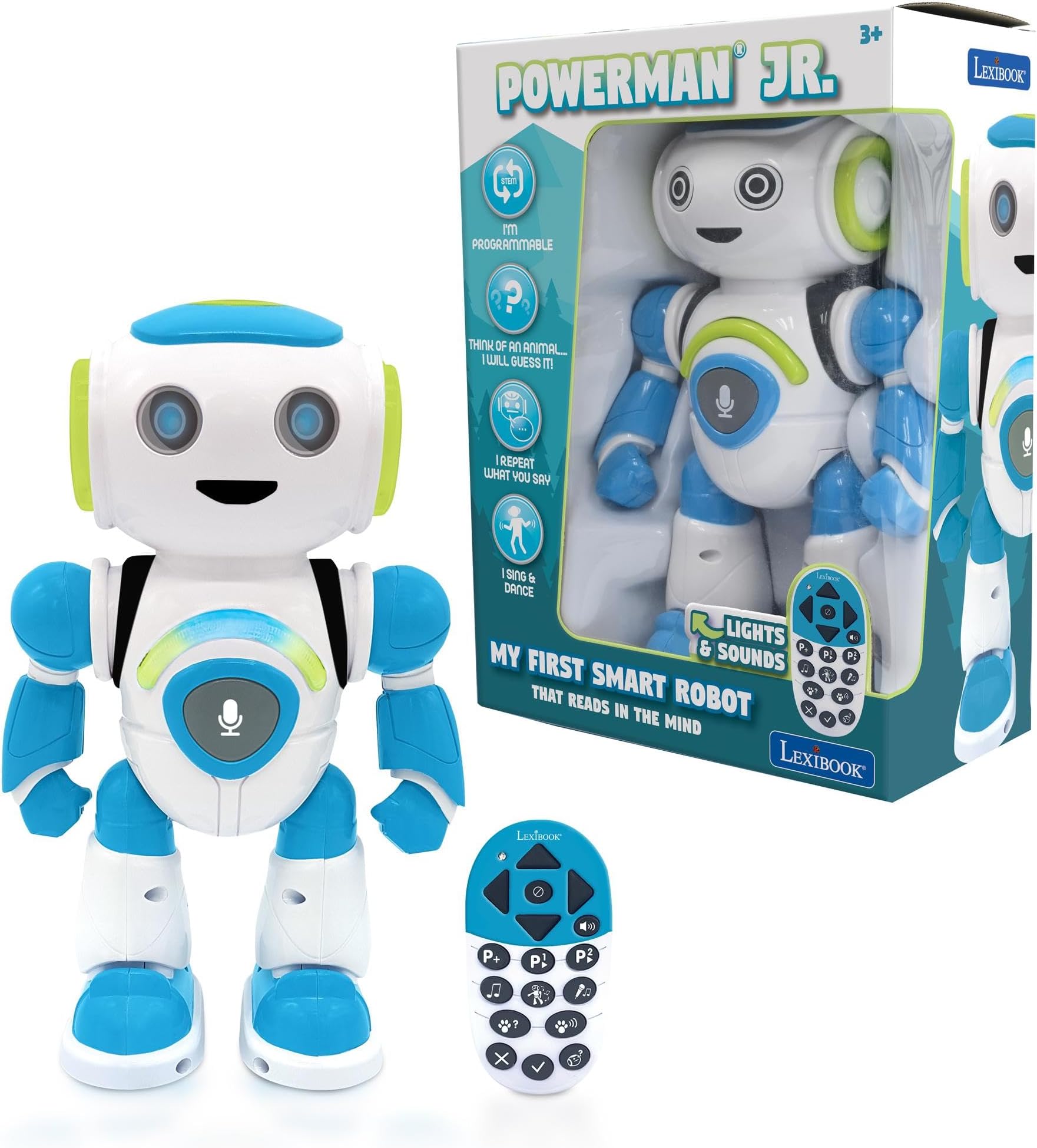 Powerman Jr. Smart Interactive Toy Robot That Reads in The Mind Toy for Kids Dancing Plays Music Animal Quiz STEM Programmable Remote Control Boy Robot Junior Green/Blue - ROB20EN