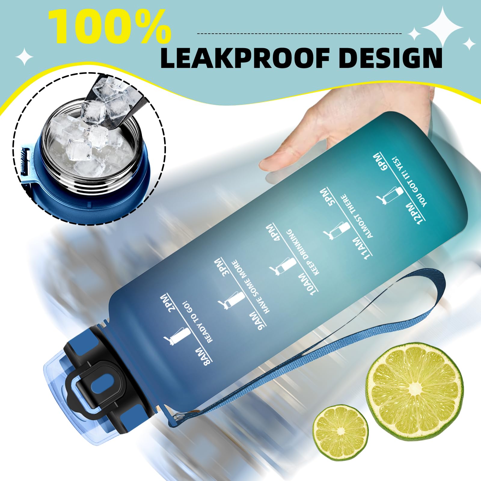 Borraccia 1,5 litri, Borraccia Palestra, Borracce Graduata con Cannuccia, Facile da Pulire, Bottiglia con Indicatore del Tempo Motivazionale per Bicicletta, Outdoor, Trekking, Palestra - 4