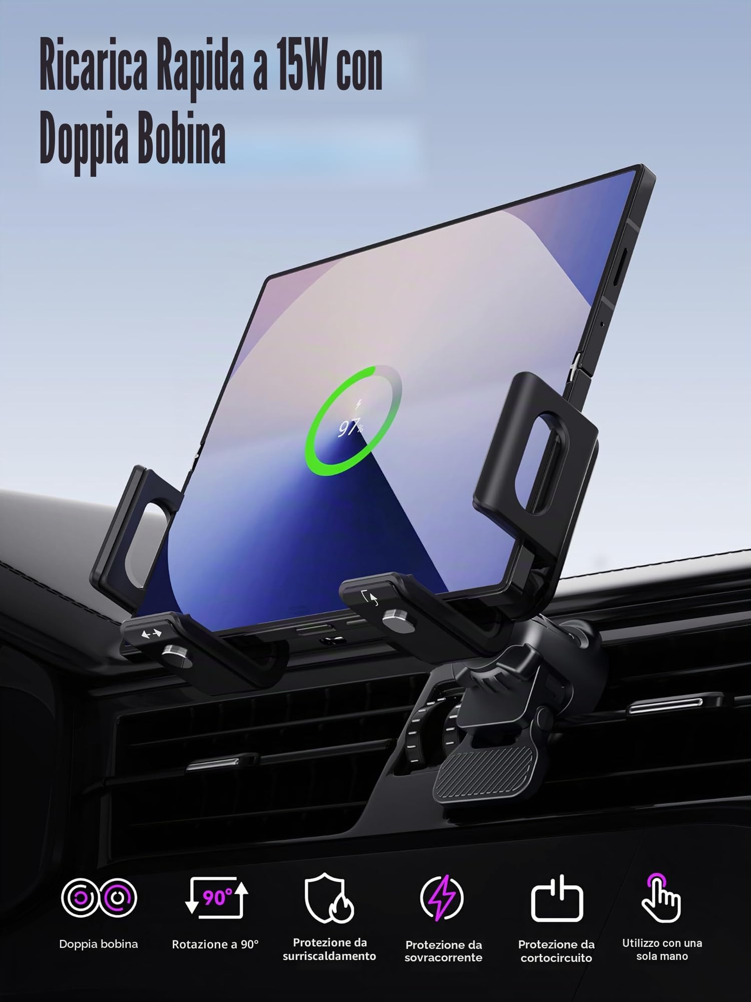 Caricatore Wireless Auto per Z Fold 6, Design a Doppia Bobina per Ricarica Ottimale, Supporto Telefono Auto Wireless con Apertura/Chiusura Automatica e Rotazione 90°, Ricarica Rapida 15W