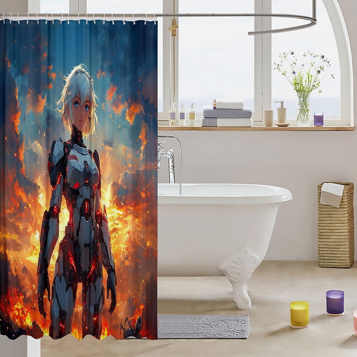 Mechanical Girl Shower Curtain,Futurism Virtual Reality Theme Bath Curtain for Kids Boys,Modern Cool Anime Girl Sky Waterproof Fabric Accessories with 12 Hooks Suit,72Wx72L inch image 3