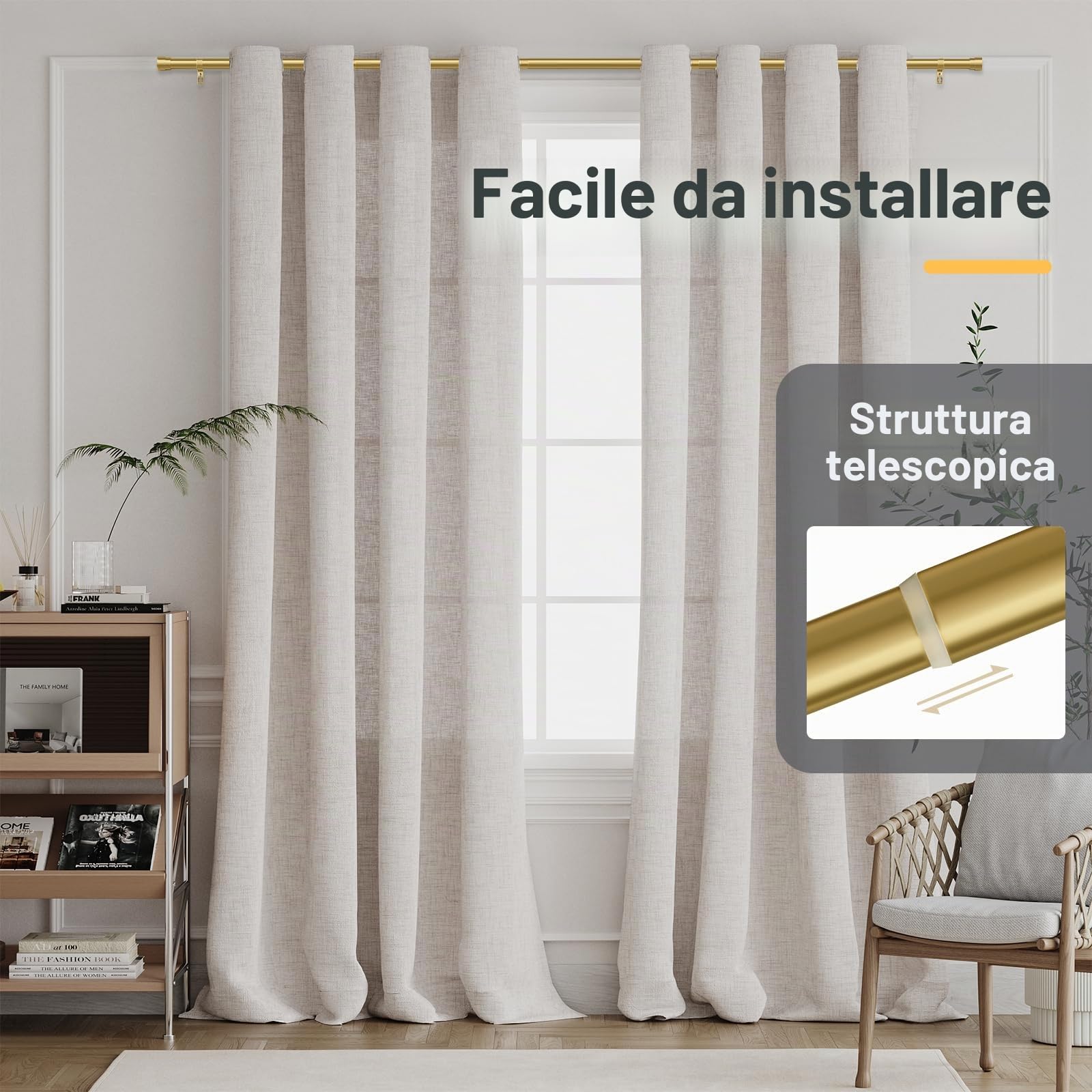 BellaHills 1 Pezzi 76-190cm Bastone Tenda, Asta Per Tende Bastone Per Tenda Da Interno in Diametro 25mm, Moderni Bastoni Per Tende Allungabili Con Staffe Per Camera Da Letto Soggiorno, Oro