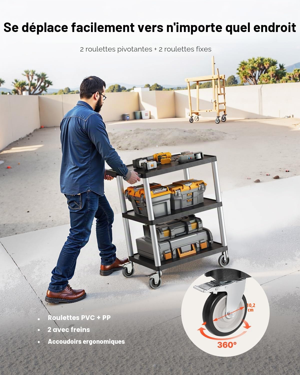 VEVOR Chariot de Service, 695x460x825 mm, Desserte à roulettes Utilitaire en Plastique Robuste à 3 Niveaux, avec Roues Pivotantes 360° (2 avec Freins), Adapté pour Entrepôt, Bureau, Maison, Nettoyage