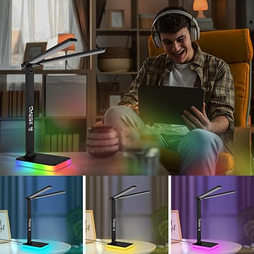 Miniatura 6 de LED Desk Lamp with Charger, USB Charging Port, Dual Swing Arm Desk Light with 5 Brightness, 3 Colors, Table Lamp with Clock, Alarm, Date,