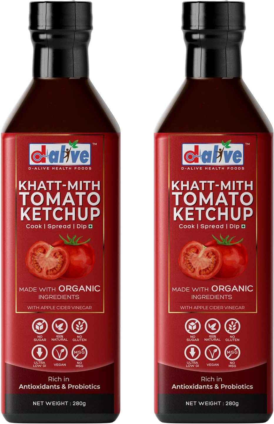 d alive Khatt-Mith Tomato Ketchup -(280G X 2)(Sugar-Free,Organic,Low Carb,Ultra Low Gi,Diabetes And Keto Friendly)-Tasty,Nutrient-Rich And Healthy Sauce