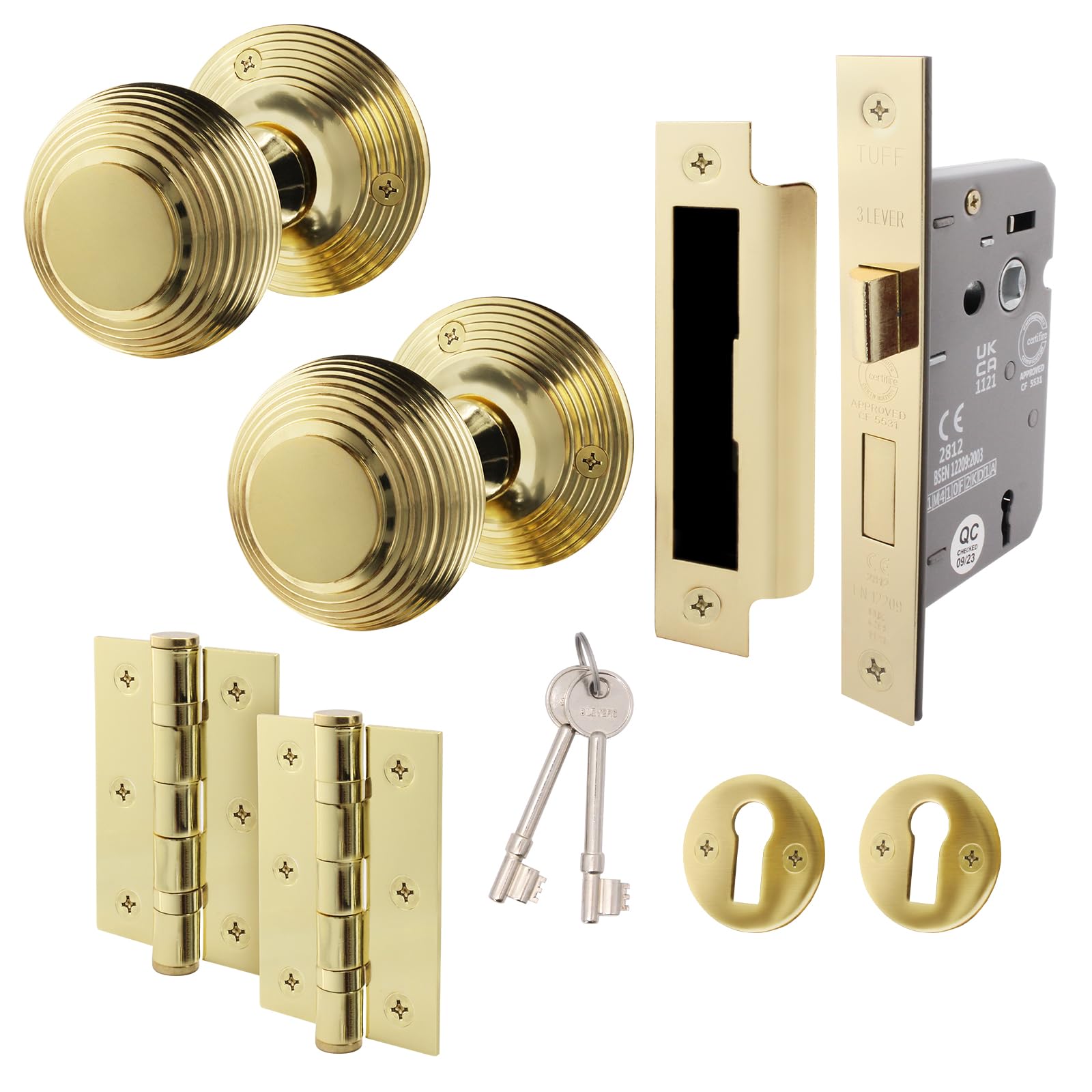 Eai Polished Brass Beehive Key Lock Door Knob Set | 1 Pair Of Reeded Mortice Knobs (55Mm), Sash Lock (80Mm) & Hinges (76Mm) For Internal Doors