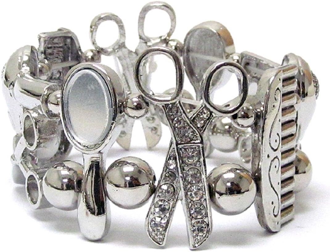 Hairstylist Bracelet, Hairdresser, Scissor Comb Mirror, Wide Silver Rhinestones Shoppingbuyfaith
