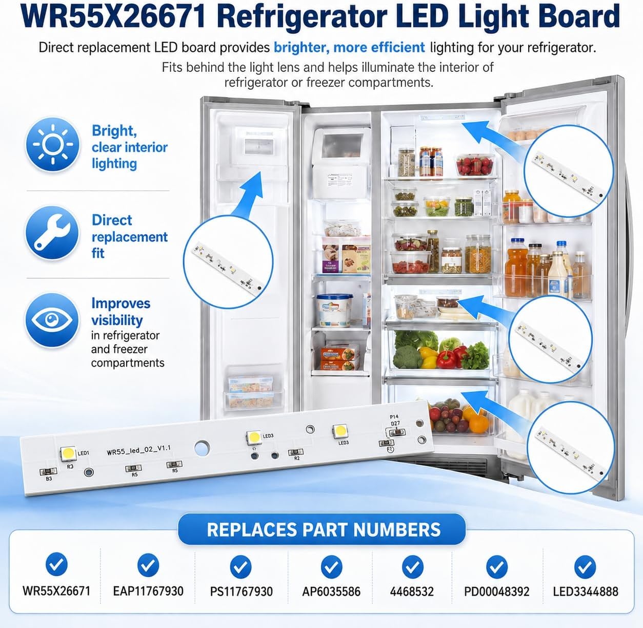5-Pack WR55X26671 Refrigerator LED Light Board Replacement Compatible with Select GE Refrigerator Interior Lights, Replaces AP6035586 PS11767930 EAP11767930 4468532