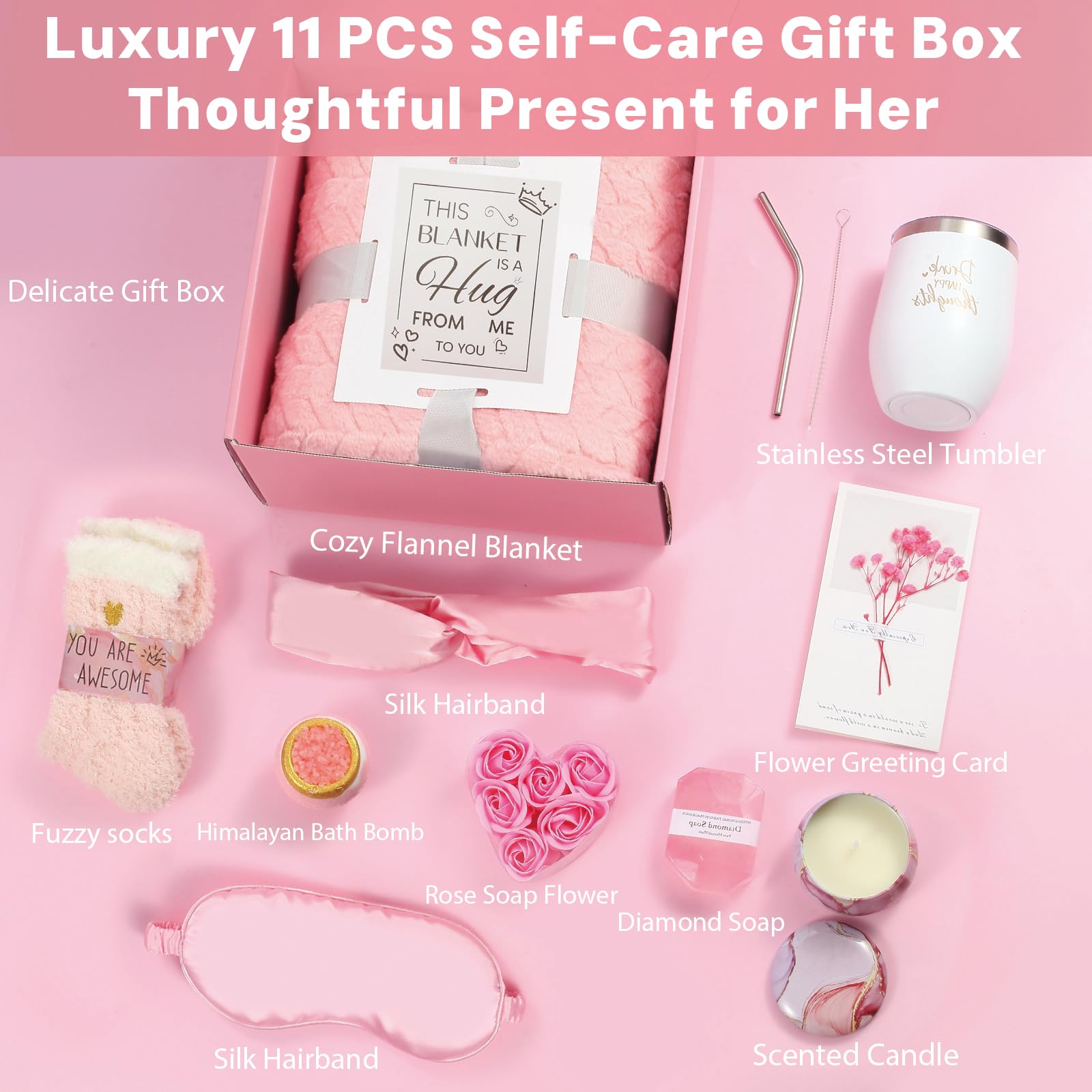 Self Care Gifts for women,Birthday Pamper Gifts Get Well Soon Set W/Luxury Blanket for Women Care Package,Mothers Day Spa Gift Basket for Mom Her Wife Friend Bestie (Pink)