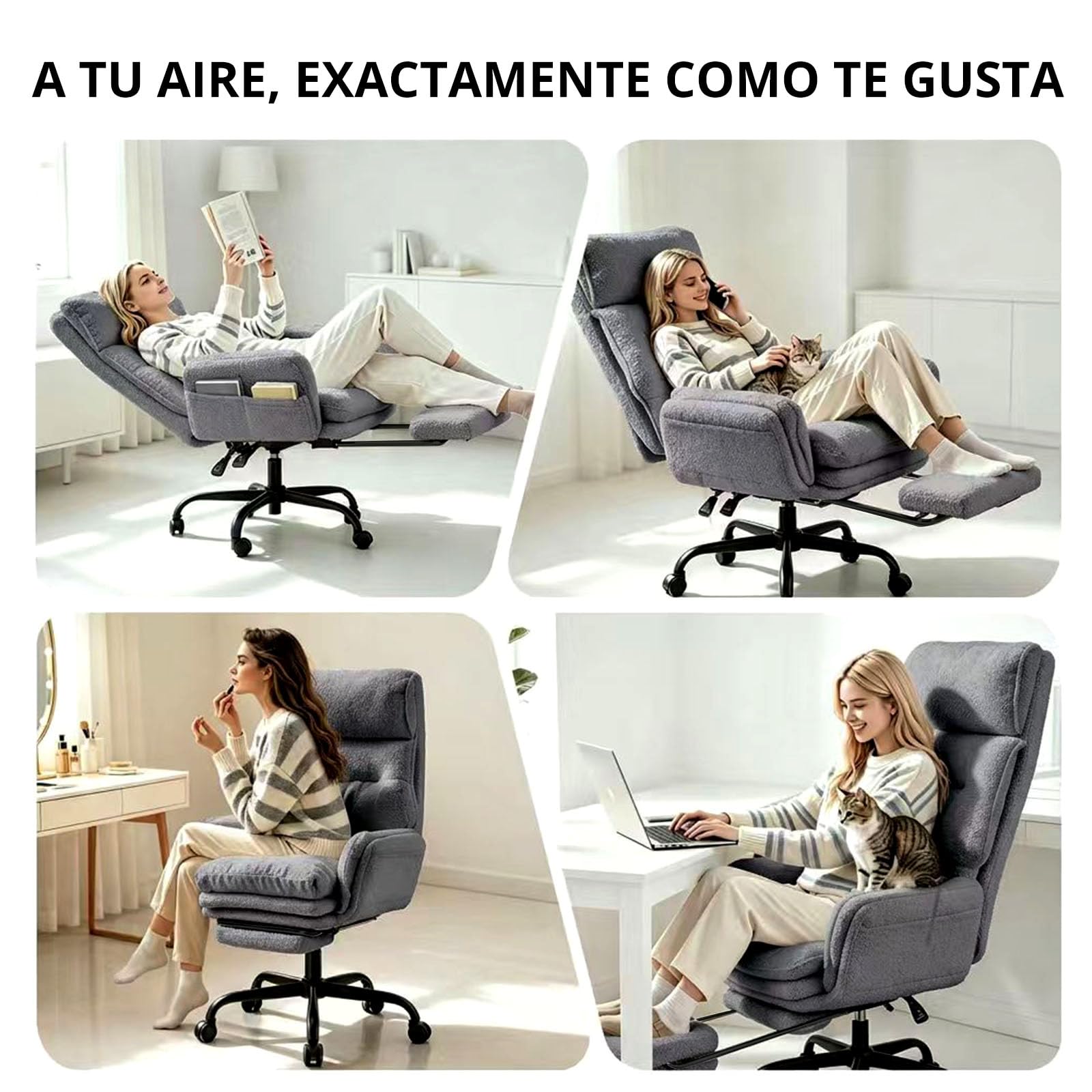 Silla Oficina con Respaldo Alto, Silla Escritorio para Trabajar Largas Horas, Tela de Peluche, Silla Oficina Ergonomica con Reposabrazos Abatibles, Ejecutiva Silla Gaming con Reposapies, Gris