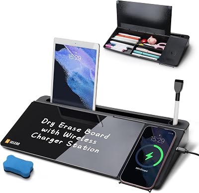 SELEAD Desktop Glass Whiteboard with Wireless Charger Station, Dry Erase Board Computer Pad Keyboard Stand with Organizer Drawer for Home, School, Office Desk Accessories, Black