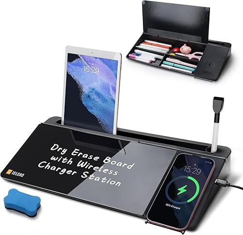 Miniatura 19 de SELEAD - Pizarra blanca de escritorio de vidrio con almacenamiento, pizarra pequeña de borrado en seco, teclado con soporte para computadora,