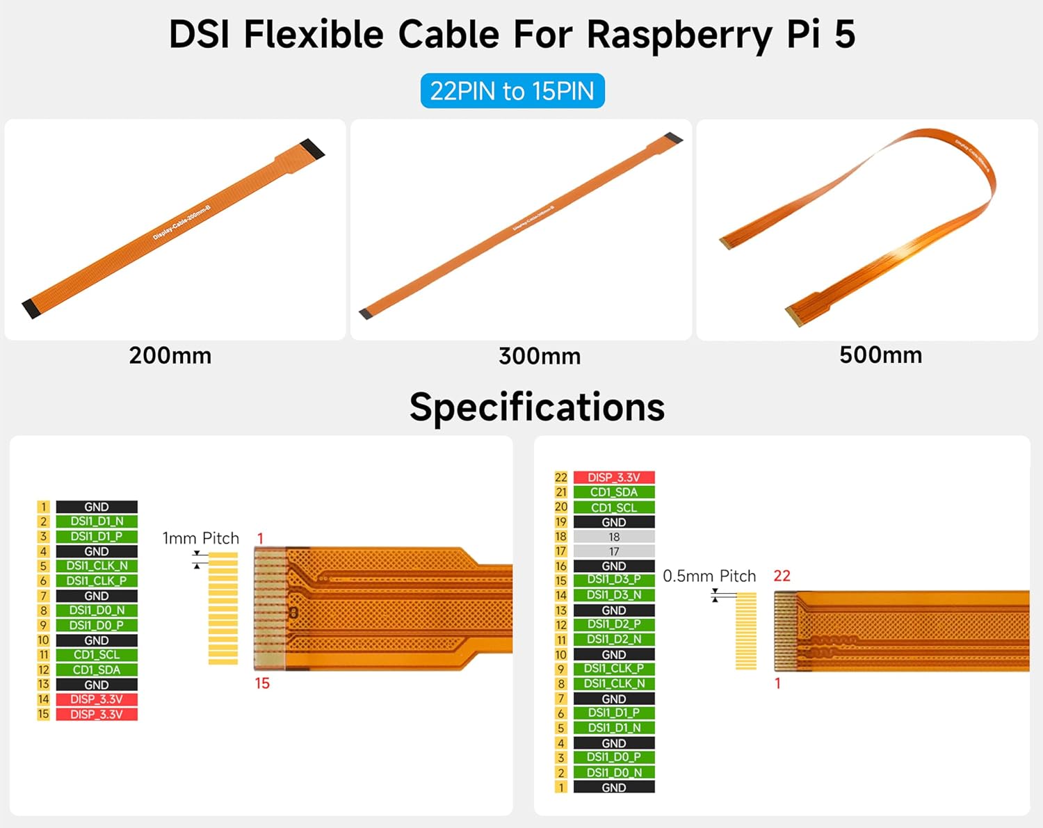(3PCS) DSI FPC Flexible Cable Compatible with Raspberry Pi 5, 22Pin to 15Pin, Suitable for Connecting DSI Display to RPi 5/RPi 4, 500MM / 50CM / 1.64FT Length
