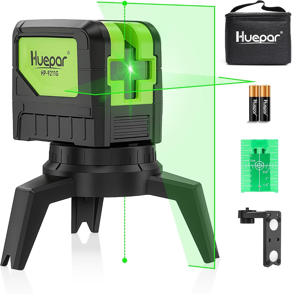 HUEPAR Laser Level with 2 Plumb Dots - 2 Plumb Points and 2 Cross Line | Alignment Laser Level Tool with 180° Wide Angle, 2 In 1 Multi-Use Green Plumb Laser Self Leveling Laser Leveler
