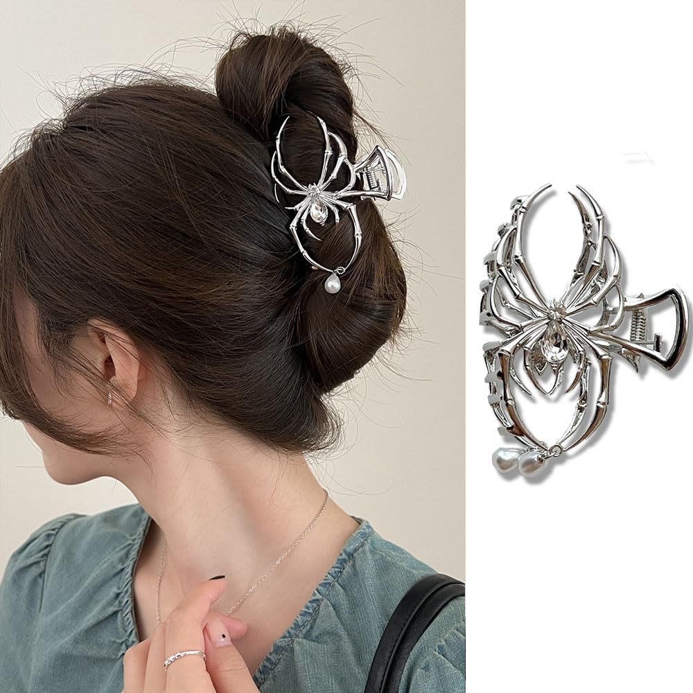 Halloween Spider Hair Claw Clips - Metal Sliver with Pearl Design - Strong Hold for Thick or Thin Hair - Punk Style - 1 Pack