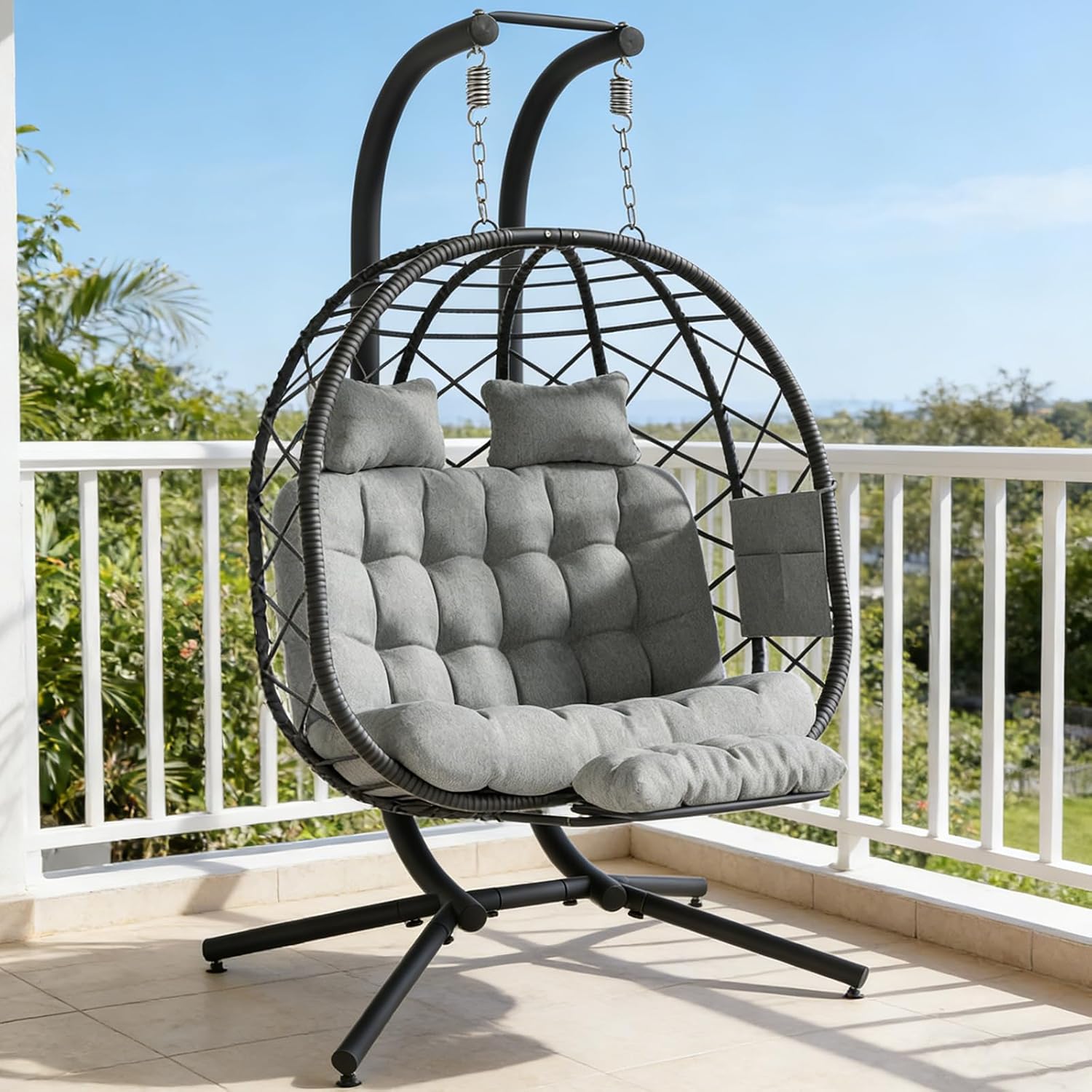 Suteck Double Hanging Egg Chair with Adjustable Footrest & Stand, Indoor Outdoor 2 Person Wicker Egg Swing Chair with Cushion, 660lbs Capacity for Patio, Bedroom, Garden - Grey