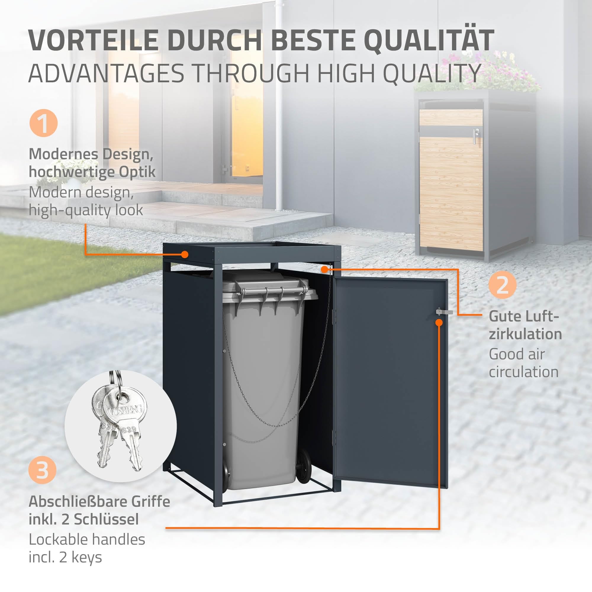 ML-Design Box pour 1 Poubelle avec Toit Végétal, jusqu'à 240L, 68x80x124 cm, en Acier, Anthracite/Aspect Mélèze, Résistant aux Intempéries, Habillage de Poubelle Verrouillable, Conteneur Abri Hangar