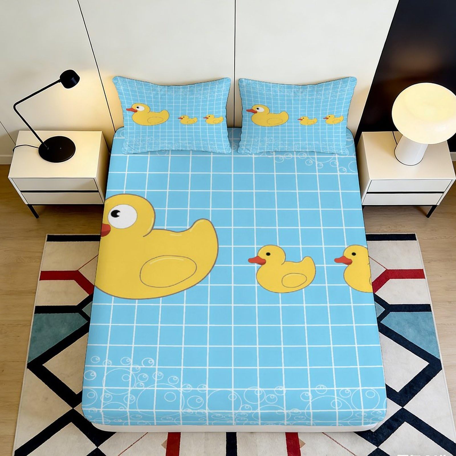 3D Printed Duck Pattern Fitted Sheet Microfiber Deep Pocket Non-Slip Bedding Duck Mattress Fitted Cover Full Wrap Washable 200x200x25cm