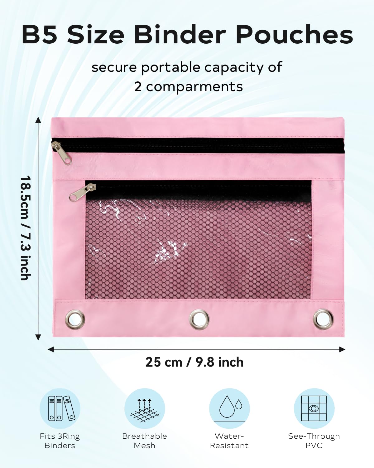 Custodia per raccoglitore a 3 anelli con cerniera e 3 fori, portapenne, accessori sciolti con finestra trasparente, tasche estetiche per organizer, rosa, 9.8 x 7 inches, rosa
