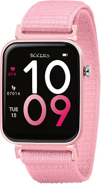 Tikkers Kids Series 13 Smart Watch with Fitness Tracker, Alarm Clock, Camera, GPS Connection, Heart Rate Monitor, Step Counter, Touch Screen, IP68, Pink Riptape Strap