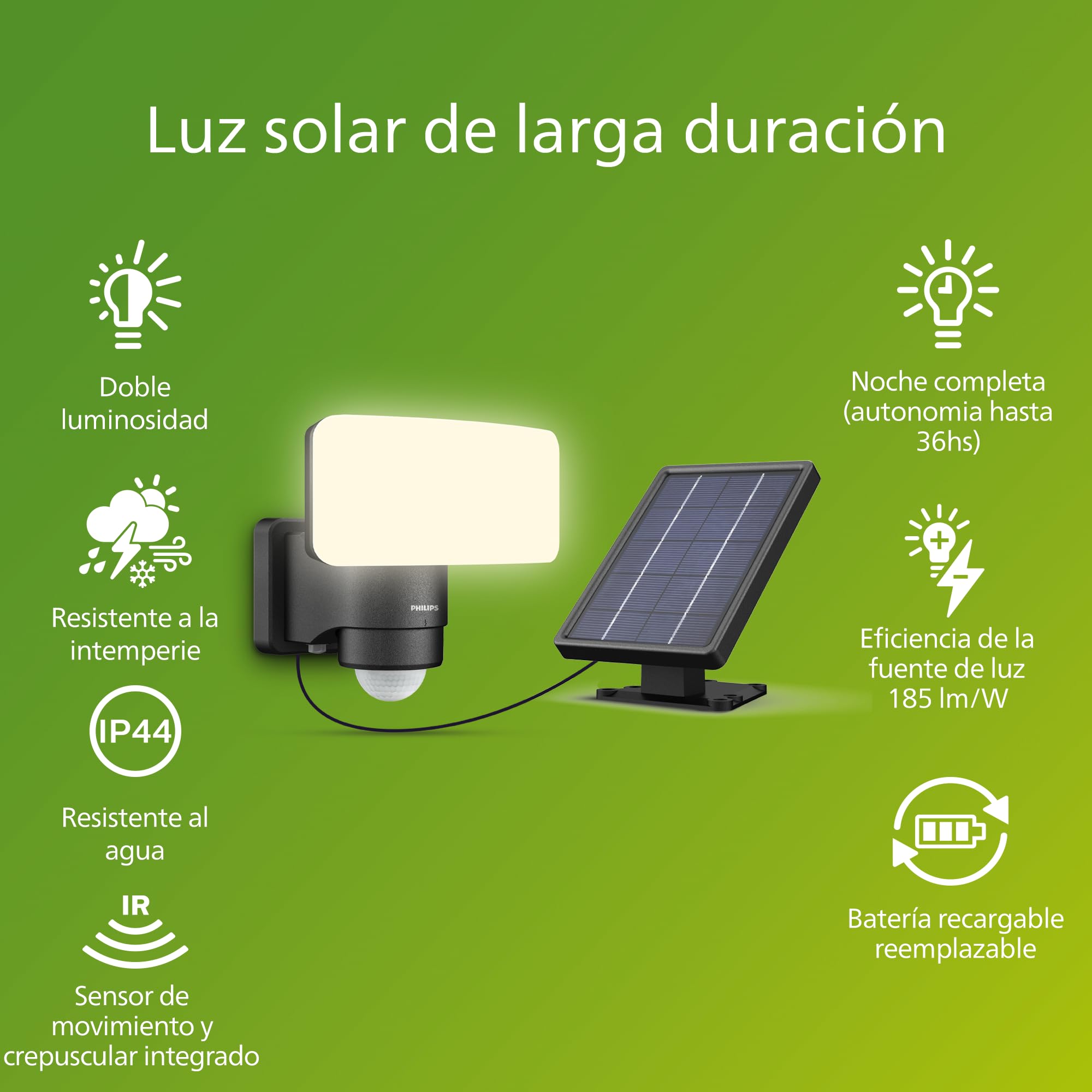 PHILIPS Tylus UltraEficiente Luz de seguridad para exterior solar con sensor de movimiento, 5000K, 1000/50lm, Negro