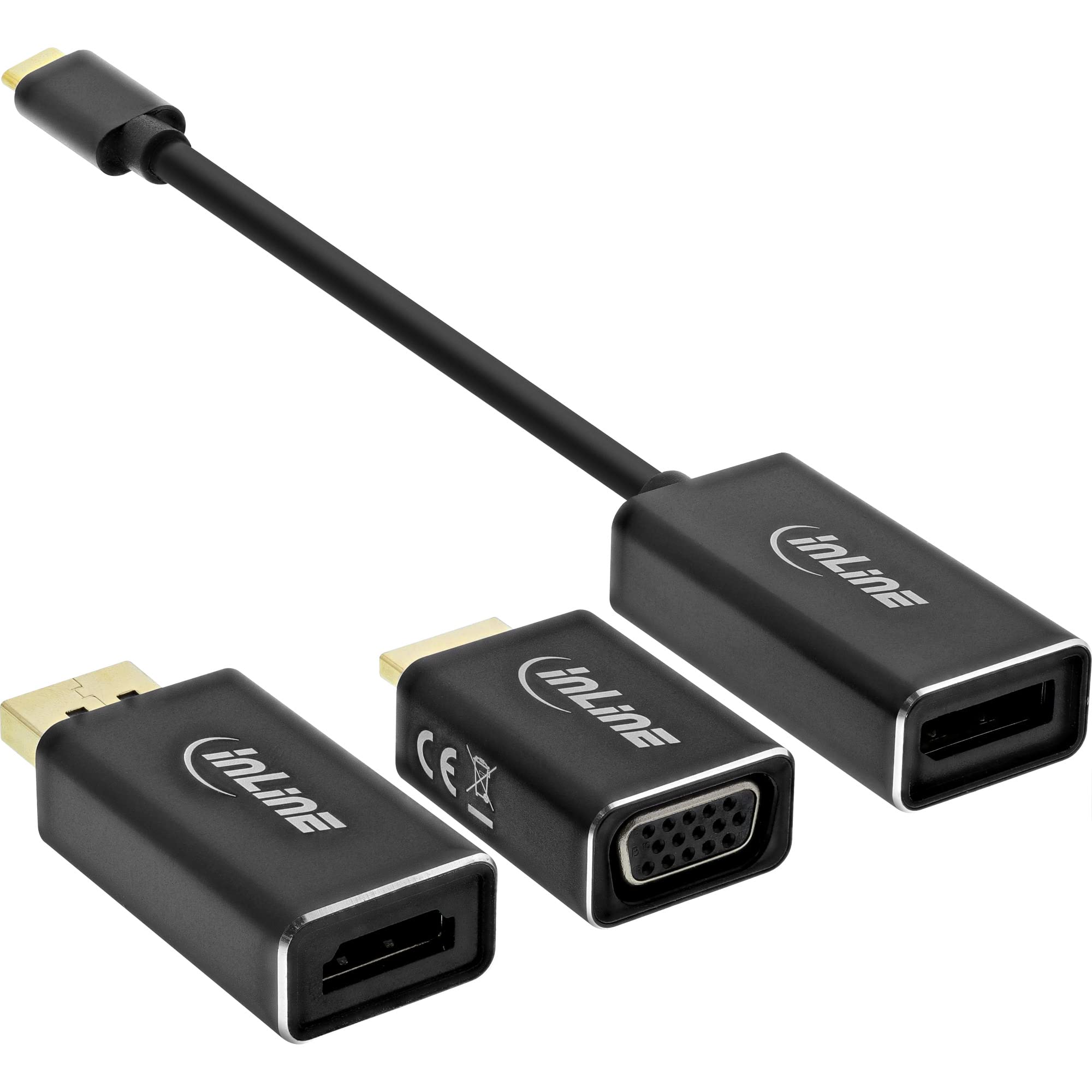 InLine 64109B USB Display Konverter Set 6-in-1, USB Typ-C Stecker zu DisplayPort, HDMI, VGA (DP Alt Mode), 4K2K, schwarz, 0.2m