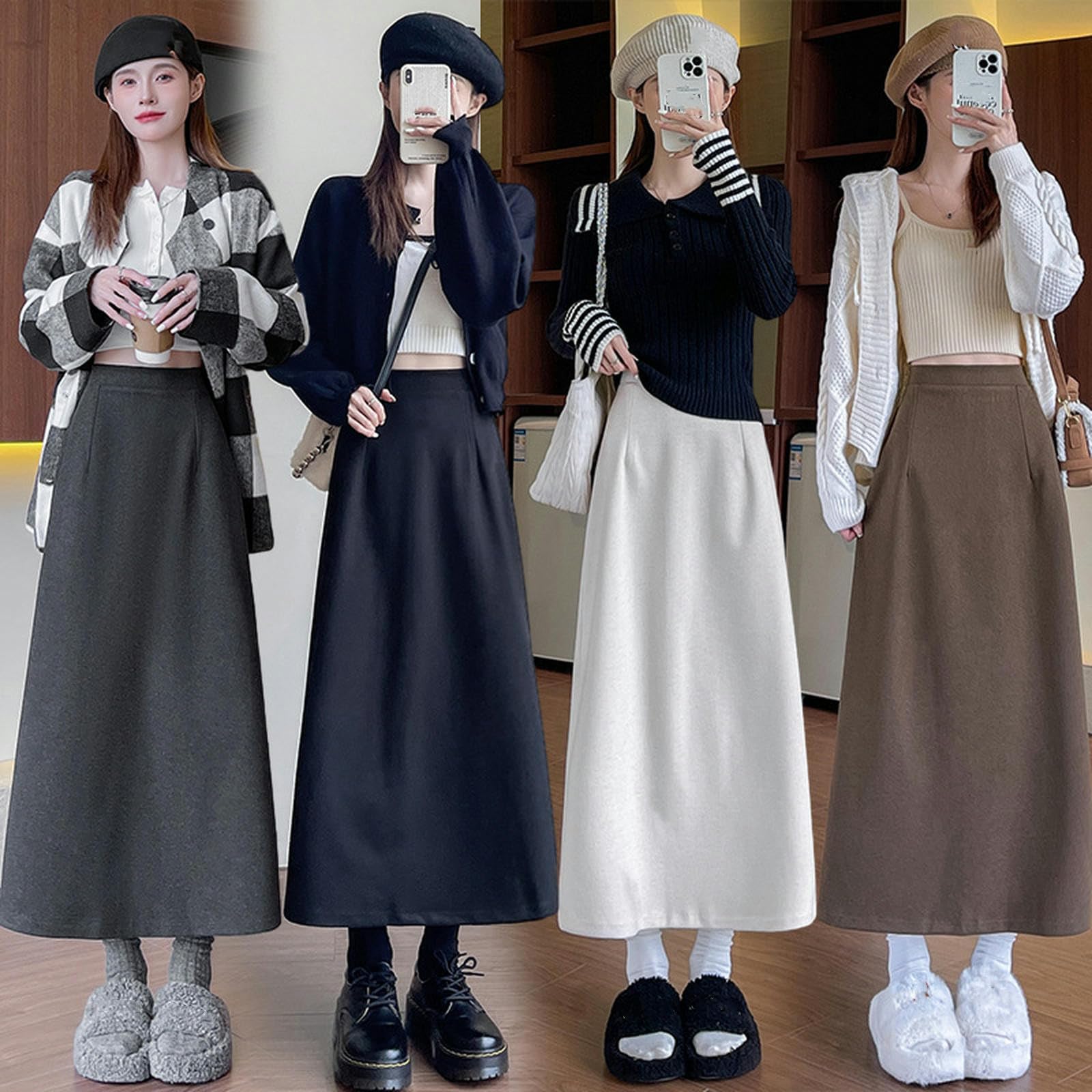 Gonna Donna Gonna Hip A metà Lunghezza della Vita Alta da Donna-Gonna Lunghe alla Moda Autunnale Inverno per Eleganza E Comfort-Grigio-m