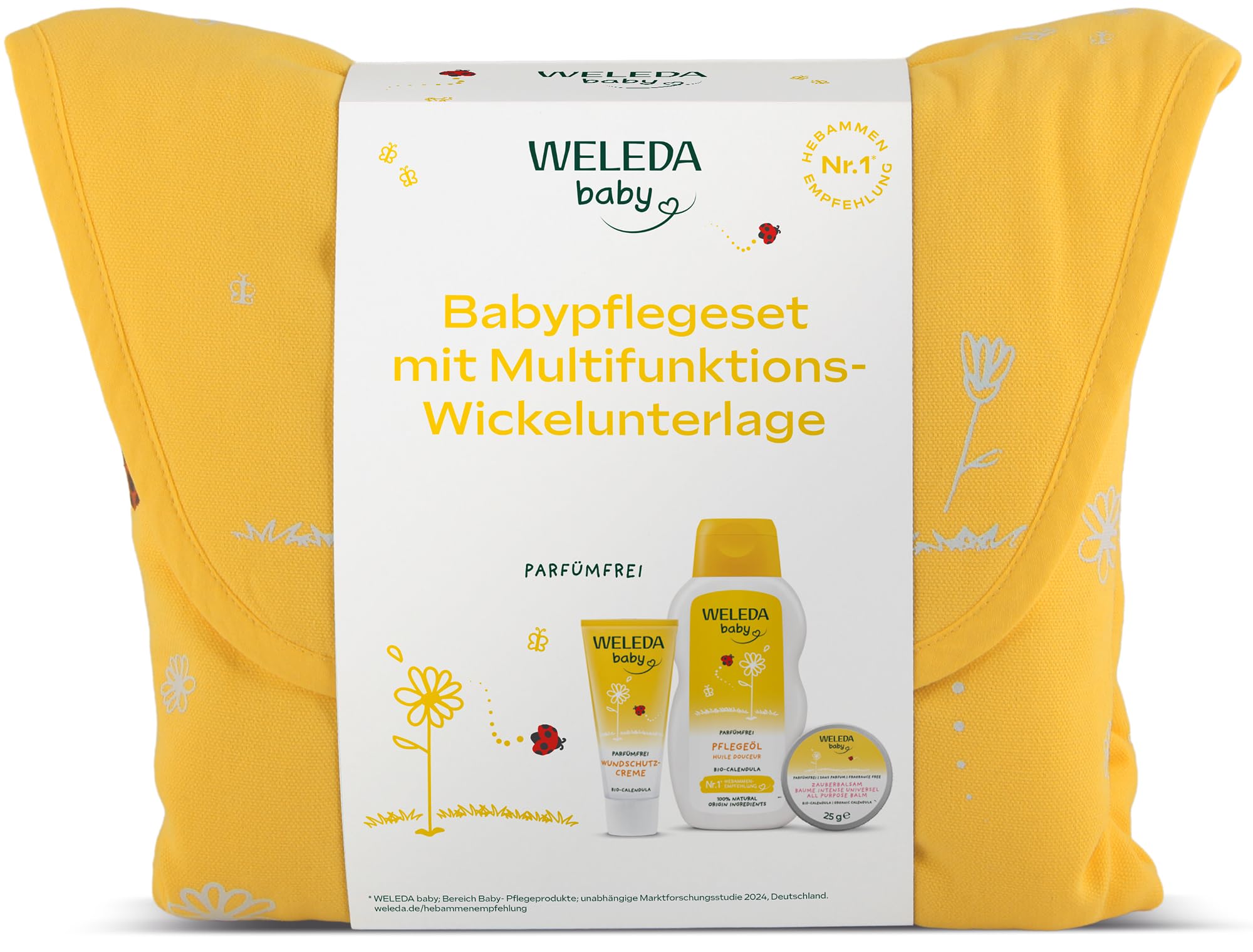 WELEDA Babypflege Geschenk Set mit Wickeltasche, Windelcreme, Pflegeöl & Zauberbalsam