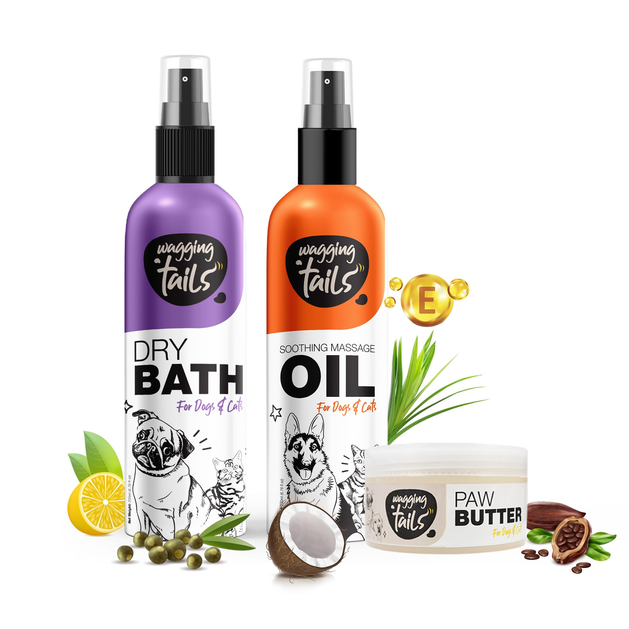 Wagging Tails 3 in 1 Combo for Pets| Dry Bath Shampoo 200 ml + Massage Oil 200ml + Paw Butter 50 gm| Natural Ingredients Grooming Combo Kit for Dogs, Cats & Puppies (B0C7Q9HV6C) Amazon Price History, Amazon Price Tracker